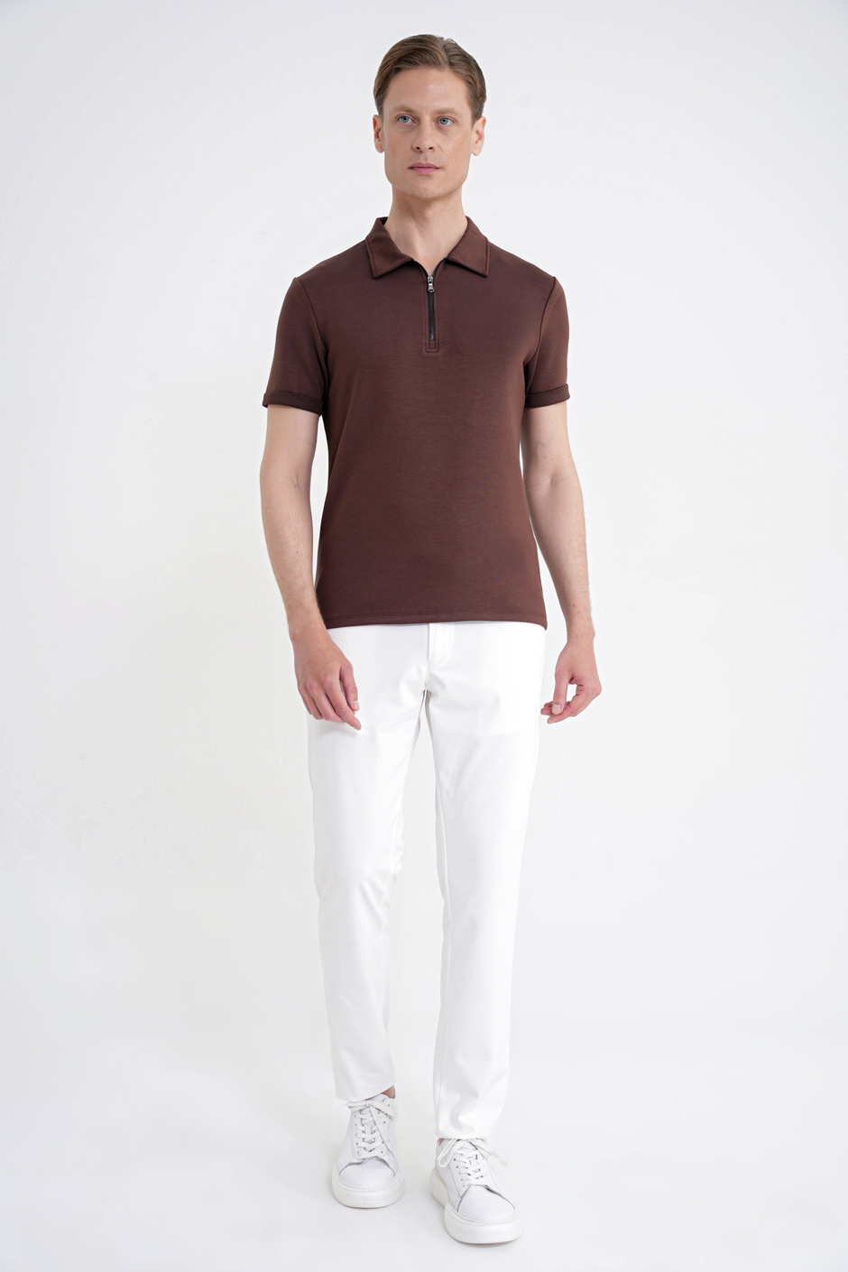 Slim Fit Esnek Pamuklu Fermuarlı Polo Yaka Kahverengi Tişört TS 926