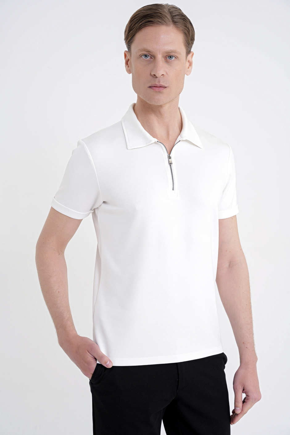 Slim Fit Esnek Pamuklu Fermuarlı Polo Yaka Ekru Tişört TS 926