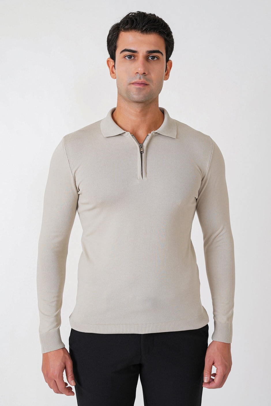 Slim Fit Esnek Pamuklu Fermuarlı Polo Yaka Taş Triko TR 902