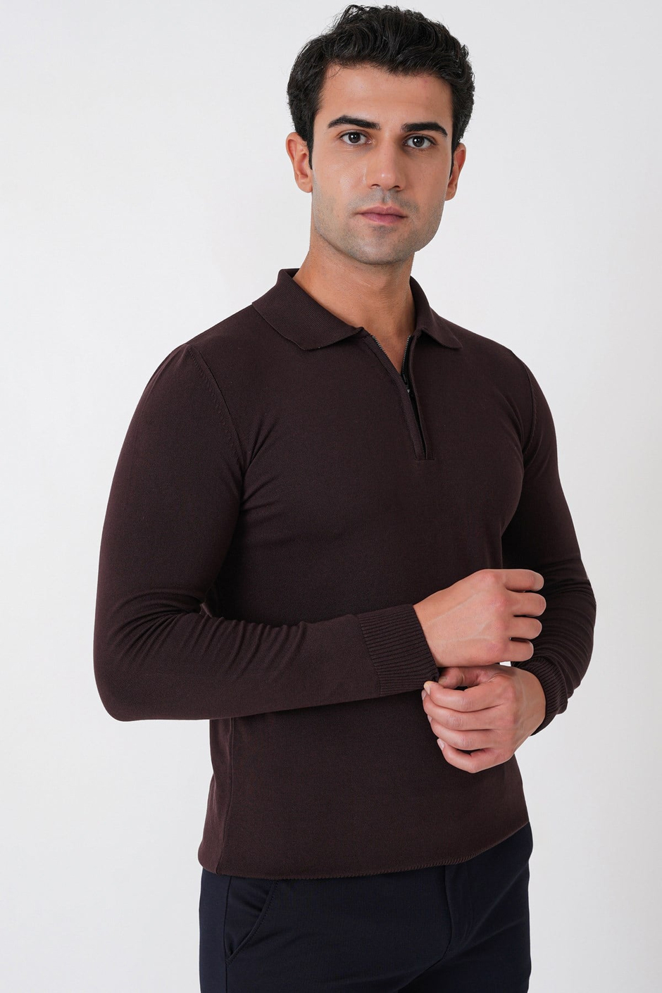 Slim Fit Esnek Pamuklu Fermuarlı Polo Yaka Kahverengi Triko TR 902