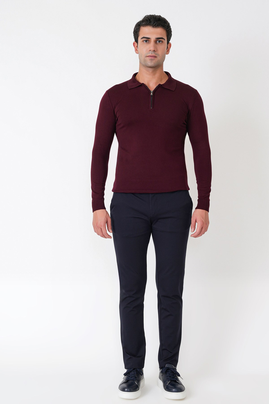 Slim Fit Esnek Pamuklu Fermuarlı Polo Yaka Bordo Triko TR 902