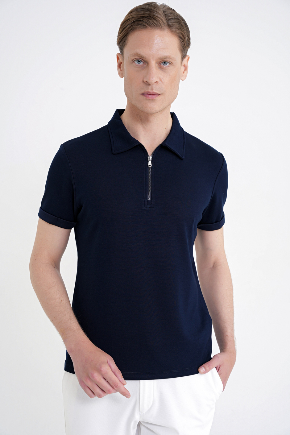 Slim Fit Esnek Pamuklu Fermuarlı Polo Yaka Lacivert Tişört TS 926