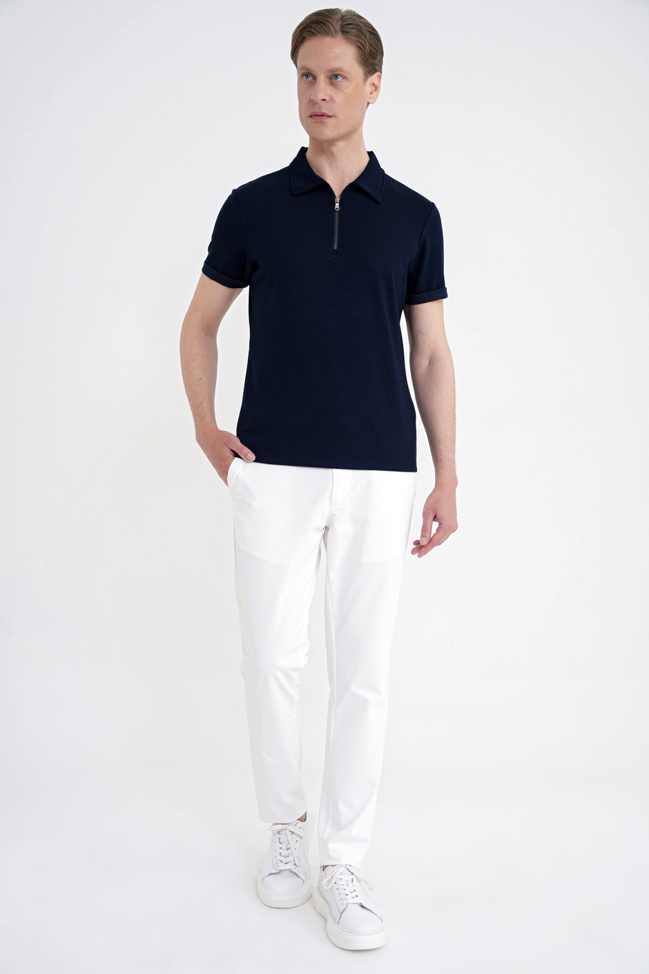 Slim Fit Esnek Pamuklu Fermuarlı Polo Yaka Lacivert Tişört TS 926
