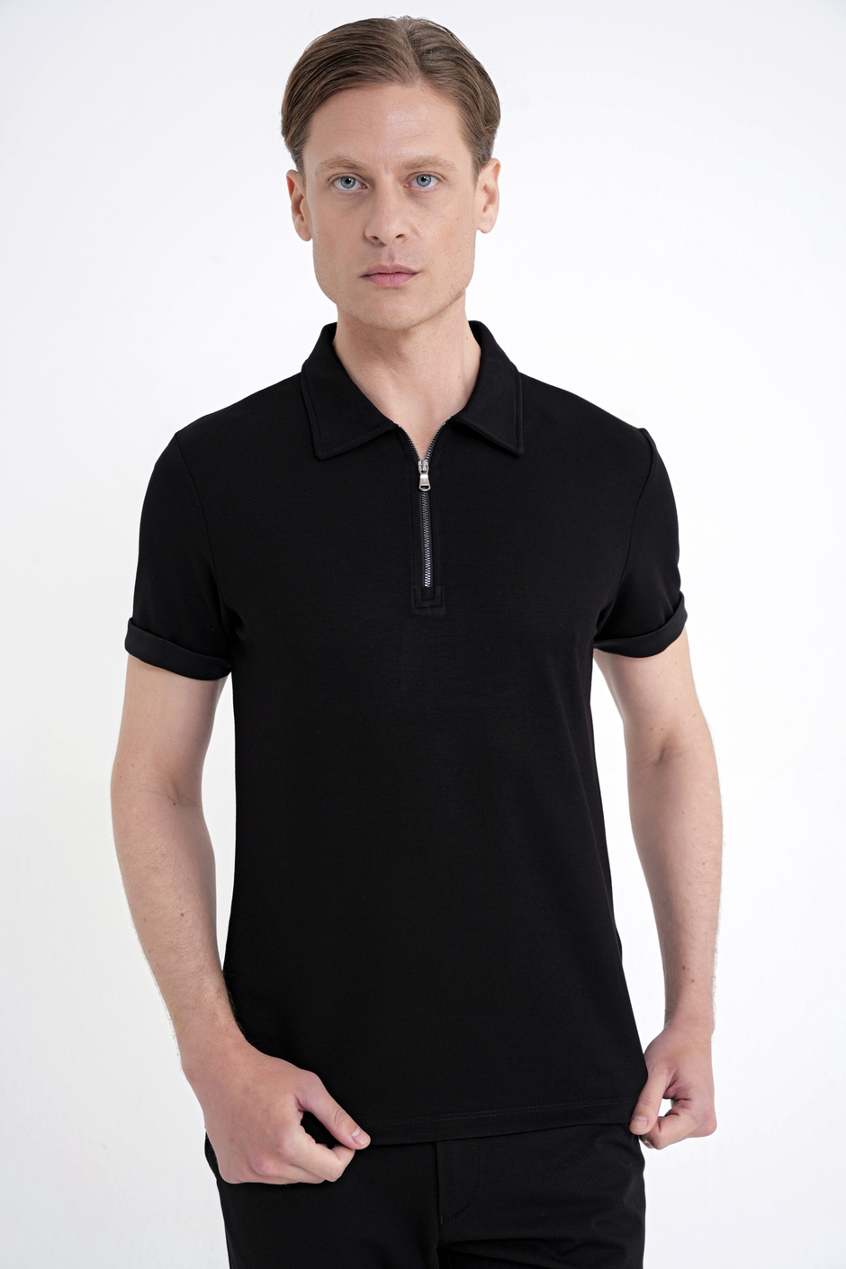 Slim Fit Esnek Pamuklu Fermuarlı Polo Yaka Siyah Tişört TS 926