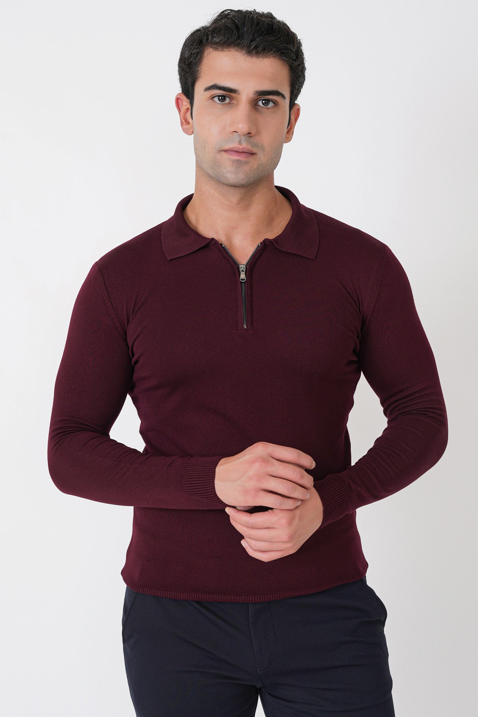 Slim Fit Esnek Pamuklu Fermuarlı Polo Yaka Bordo Triko TR 902
