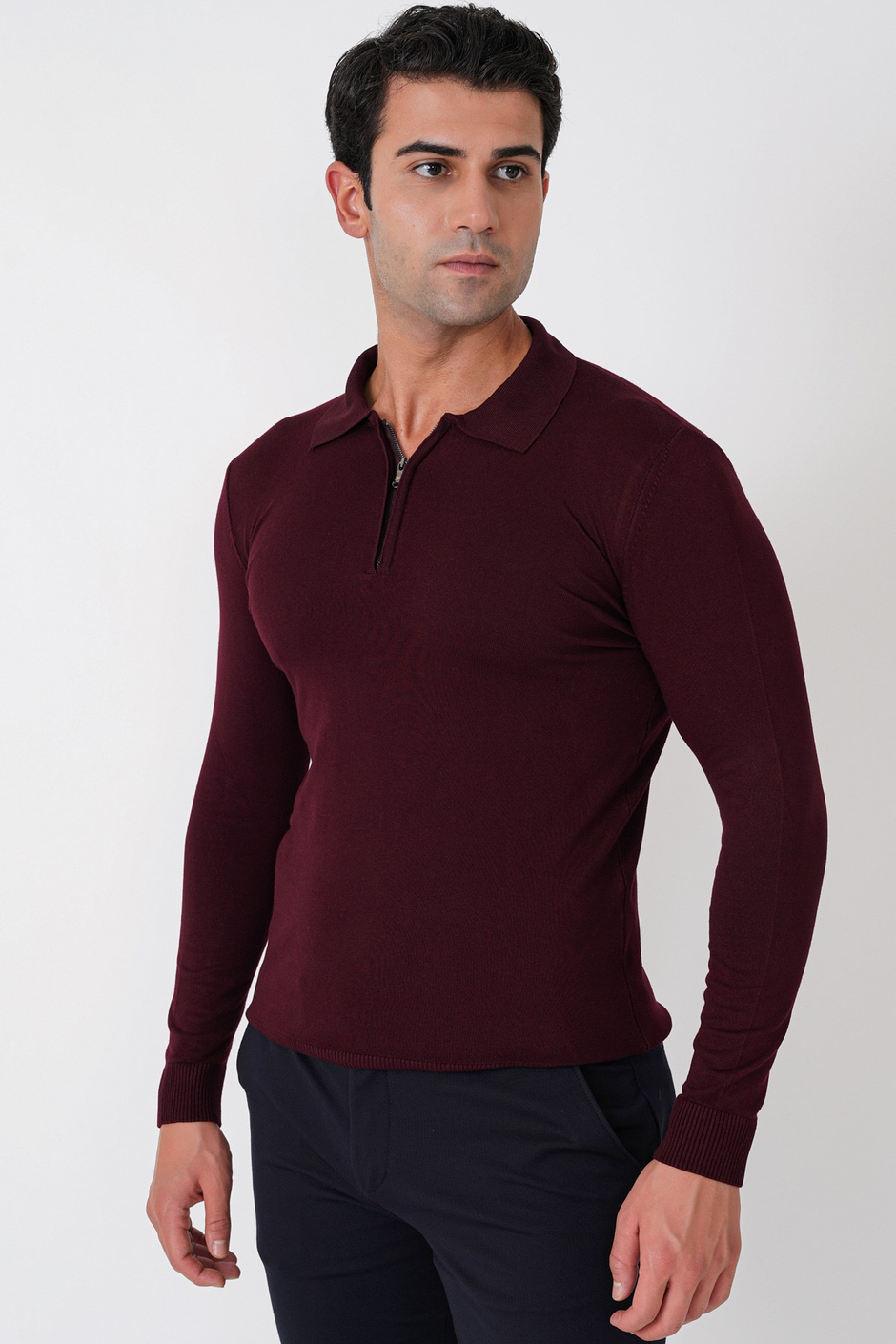 Slim Fit Esnek Pamuklu Fermuarlı Polo Yaka Bordo Triko TR 902