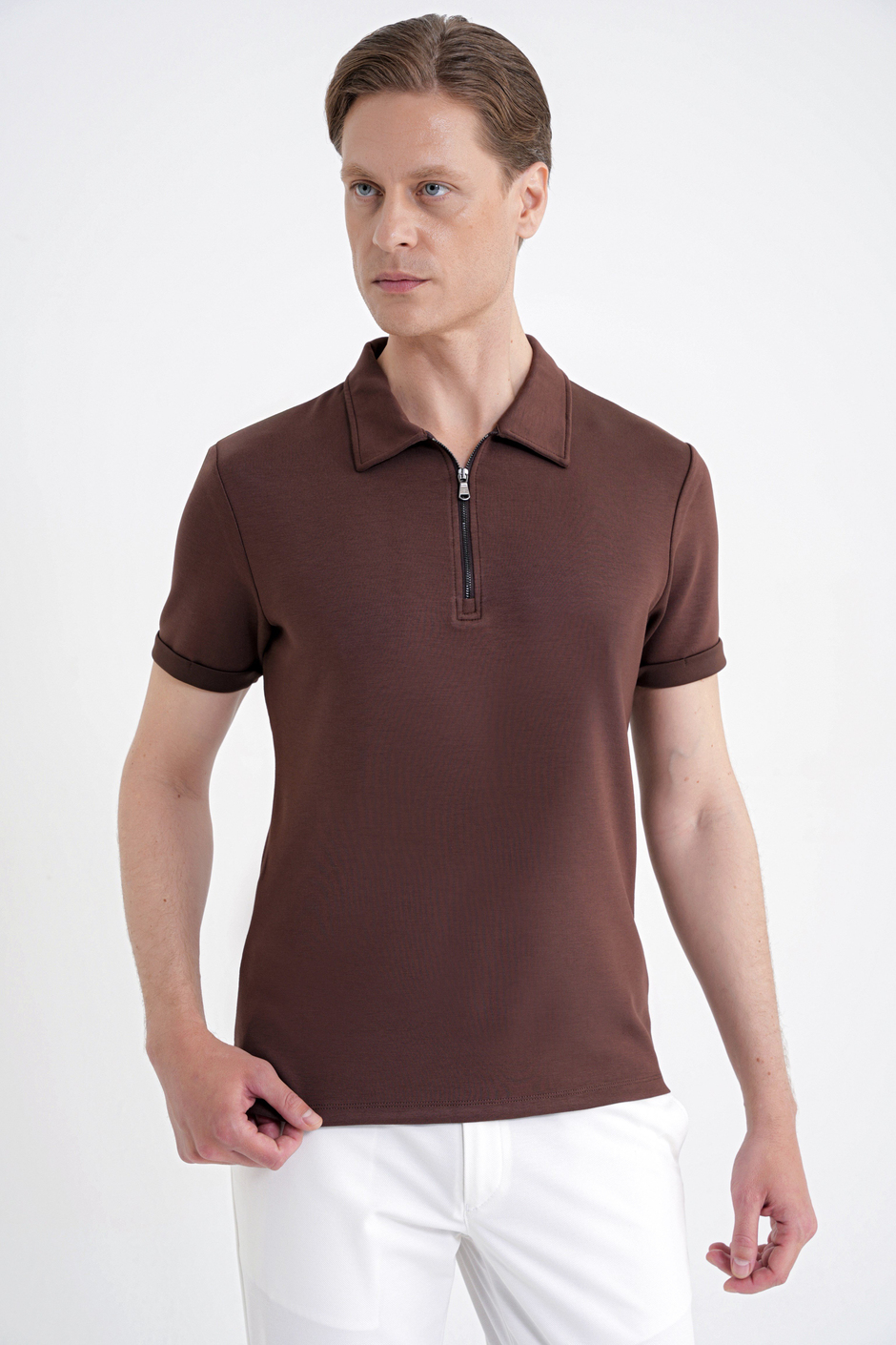 Slim Fit Esnek Pamuklu Fermuarlı Polo Yaka Kahverengi Tişört TS 926