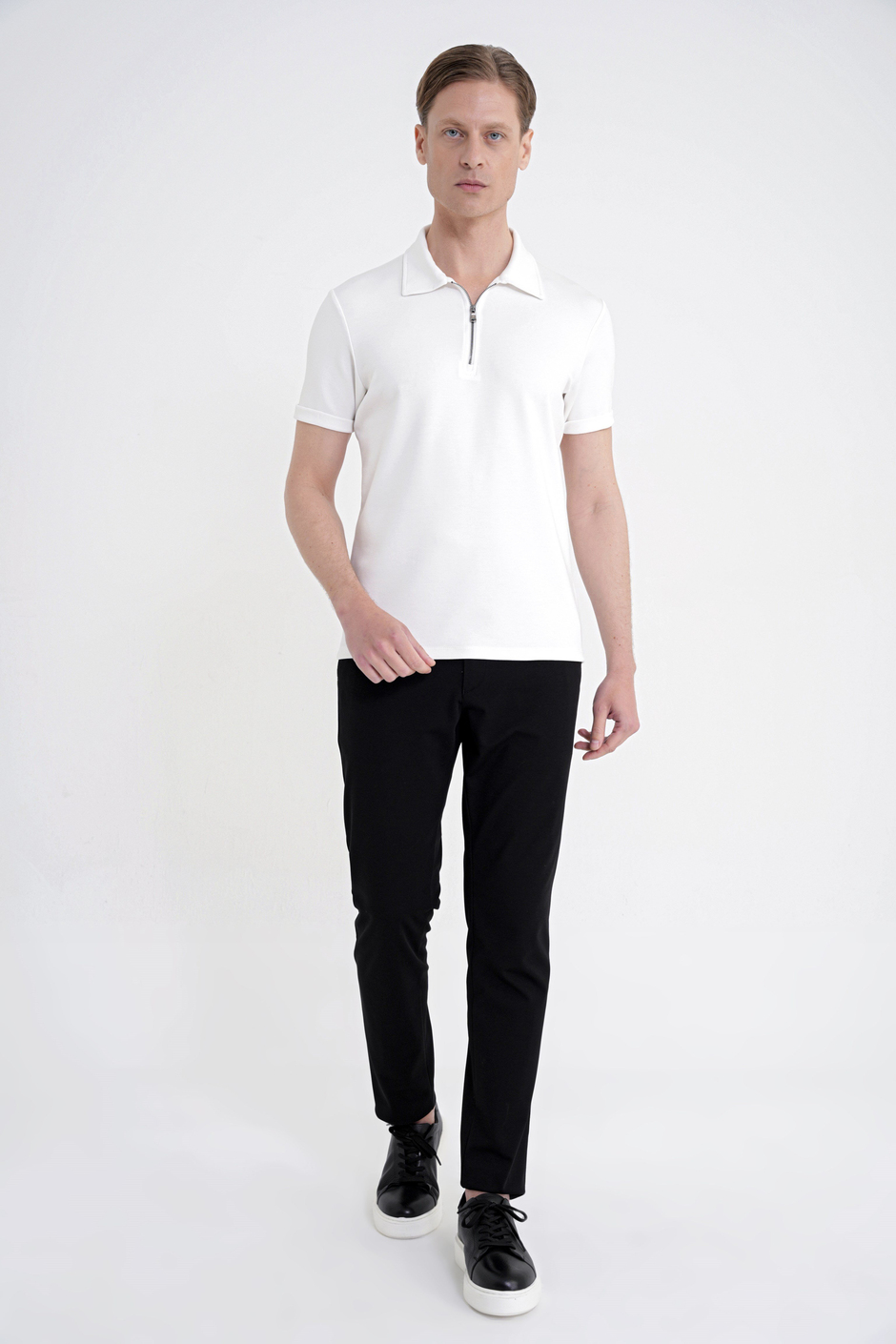 Slim Fit Esnek Pamuklu Fermuarlı Polo Yaka Ekru Tişört TS 926