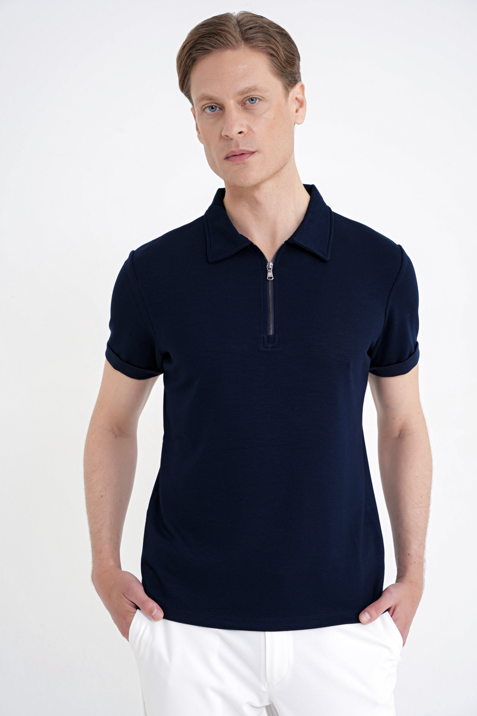Slim Fit Esnek Pamuklu Fermuarlı Polo Yaka Lacivert Tişört TS 926