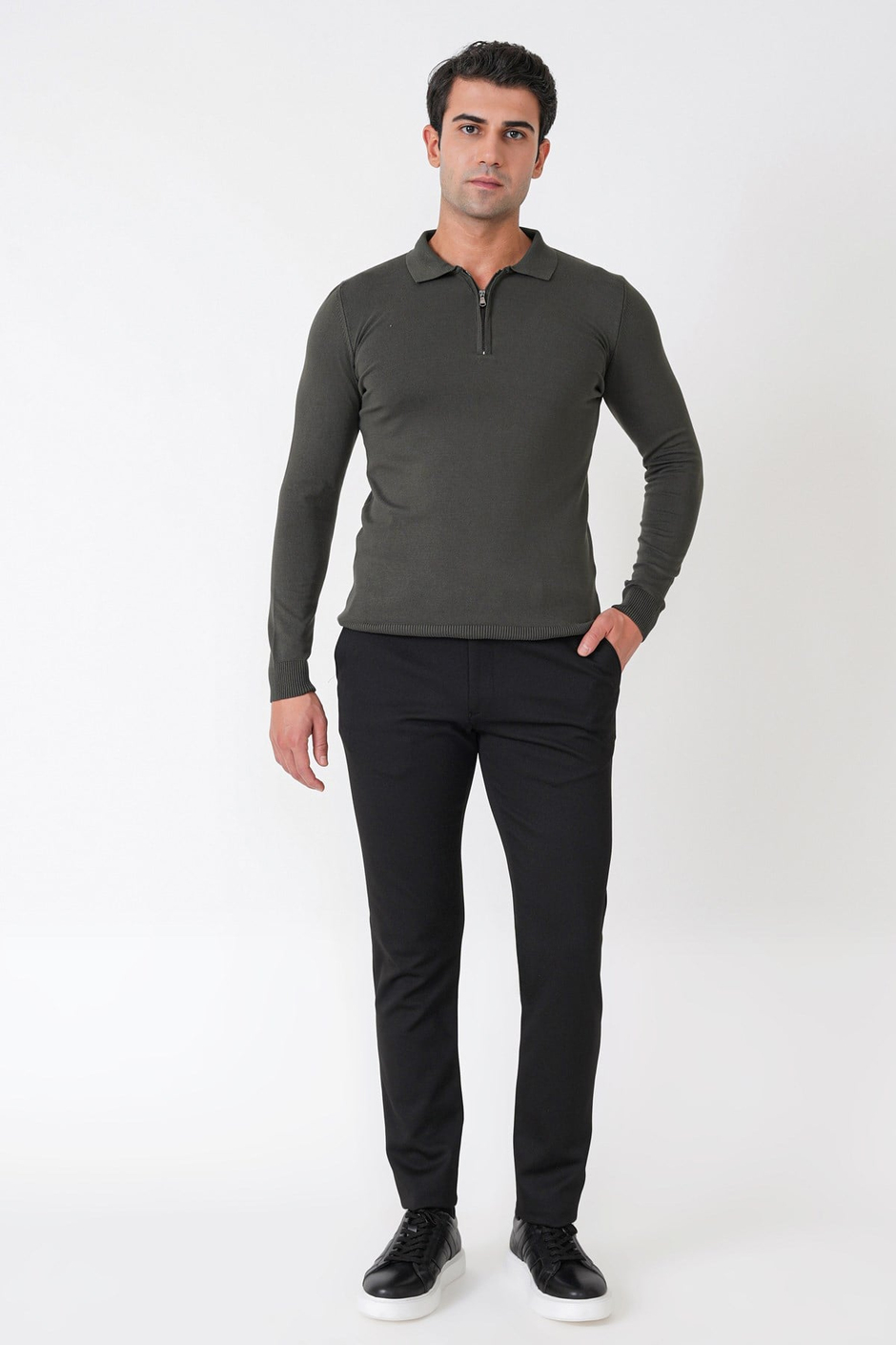 Slim Fit Esnek Pamuklu Fermuarlı Polo Yaka Haki Triko TR 902