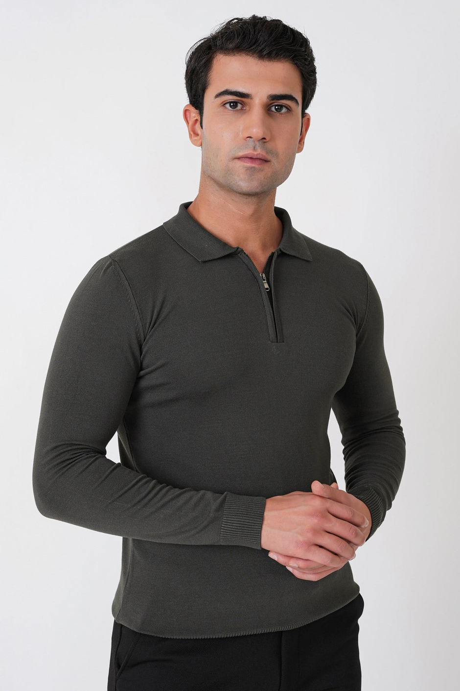 Slim Fit Esnek Pamuklu Fermuarlı Polo Yaka Haki Triko TR 902