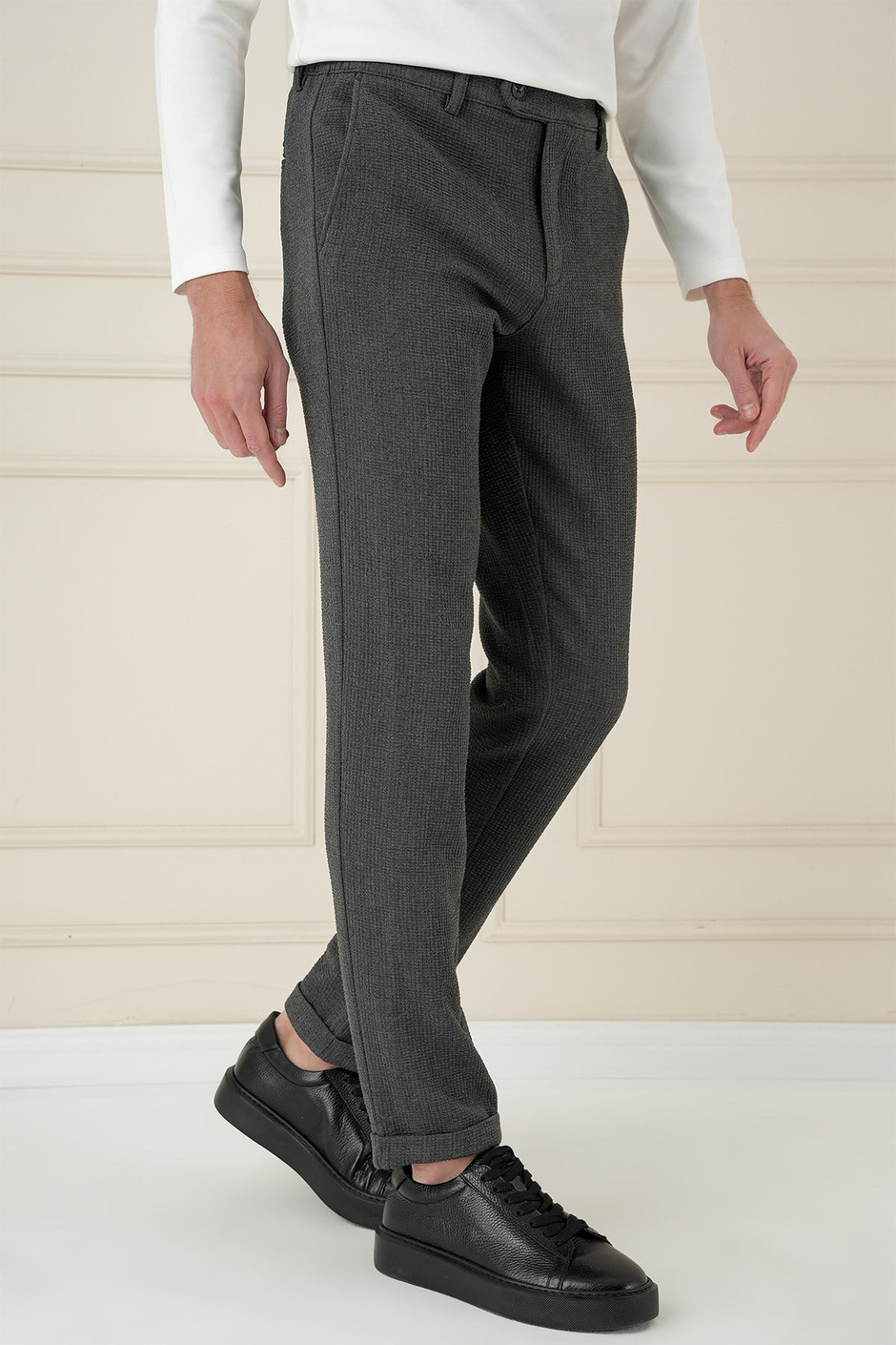 Slim Fit Esnek Pamuklu Gofre Kumaş Füme Pantolon P 1166