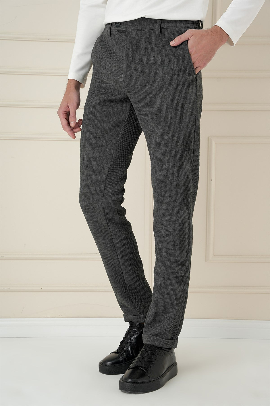 Slim Fit Esnek Pamuklu Gofre Kumaş Füme Pantolon P 1166