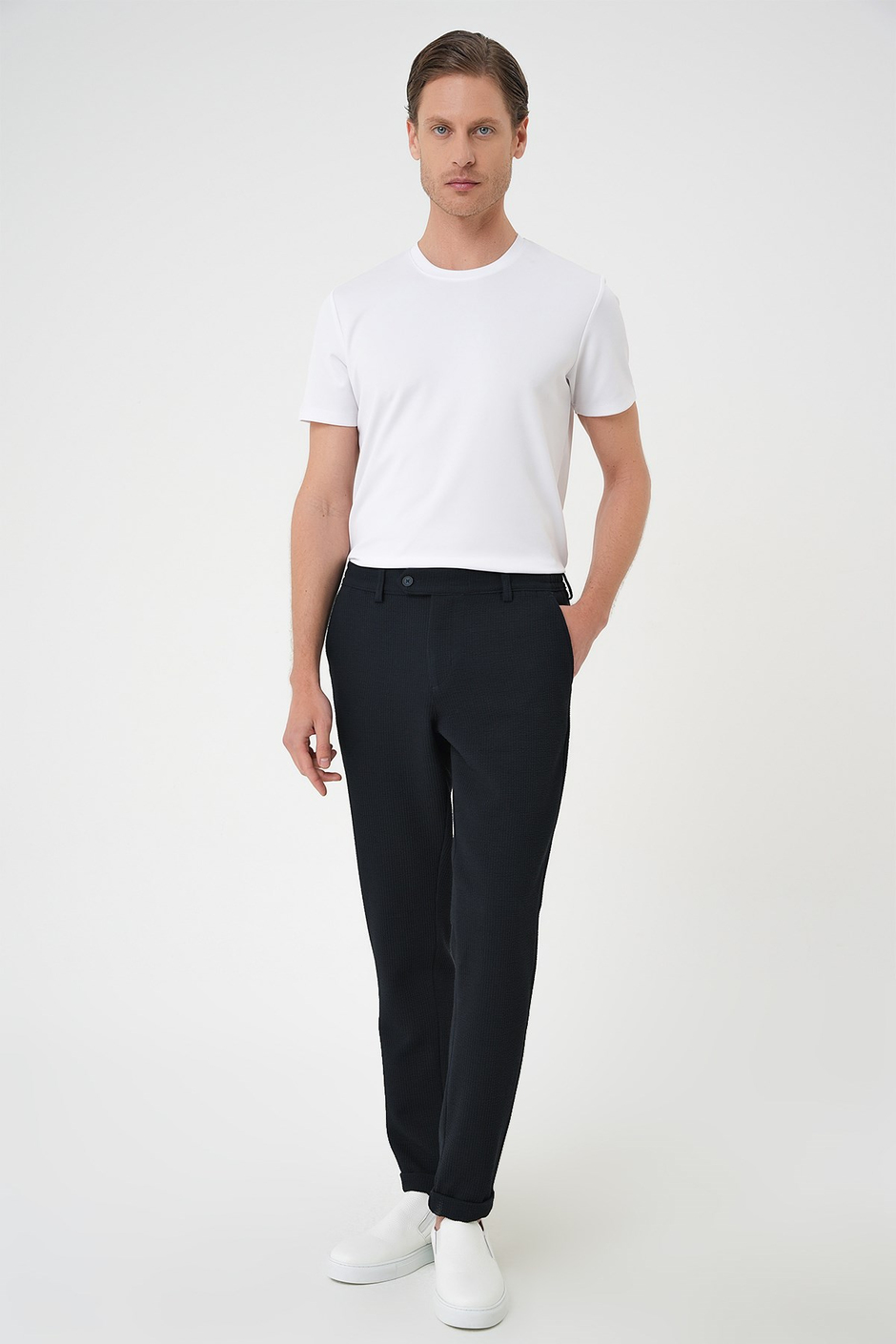 Slim Fit Esnek Pamuklu Gofre Kumaş Lacivert Pantolon P 1166