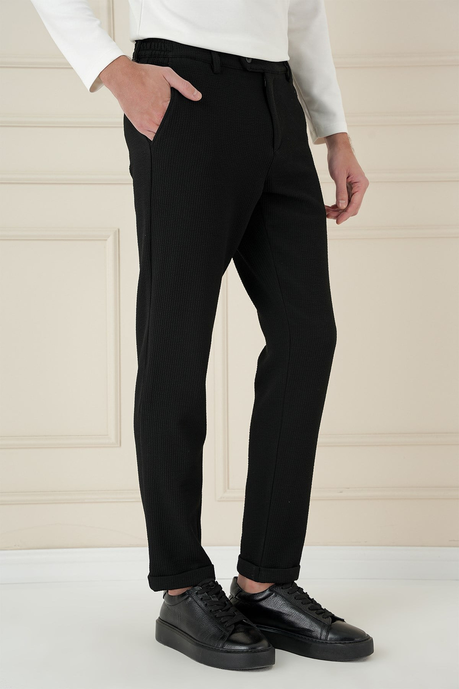 Slim Fit Esnek Pamuklu Gofre Kumaş Siyah Pantolon P 1166