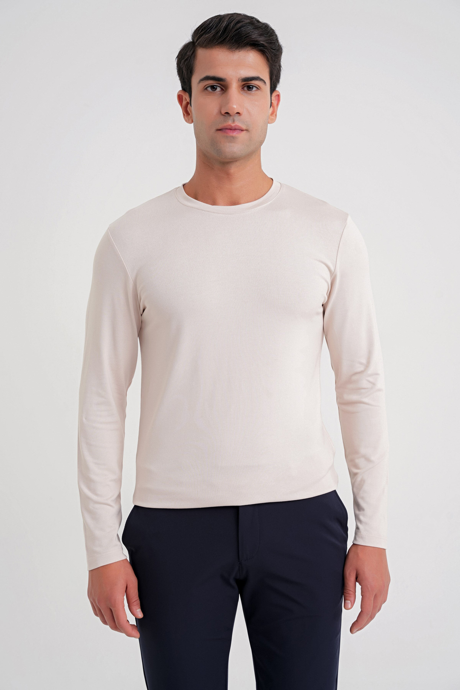 Slim Fit Esnek Pamuklu Uzun Kollu Açık Bej Tişört Ts 870