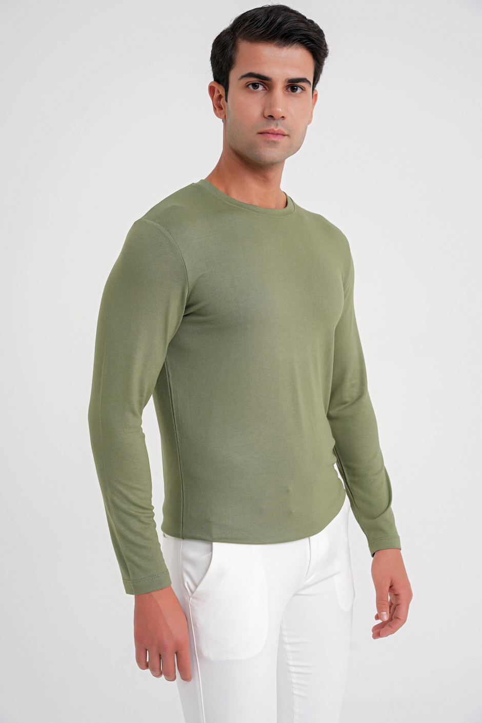 Slim Fit Esnek Pamuklu Uzun Kollu Açık Haki Tişört Ts 870