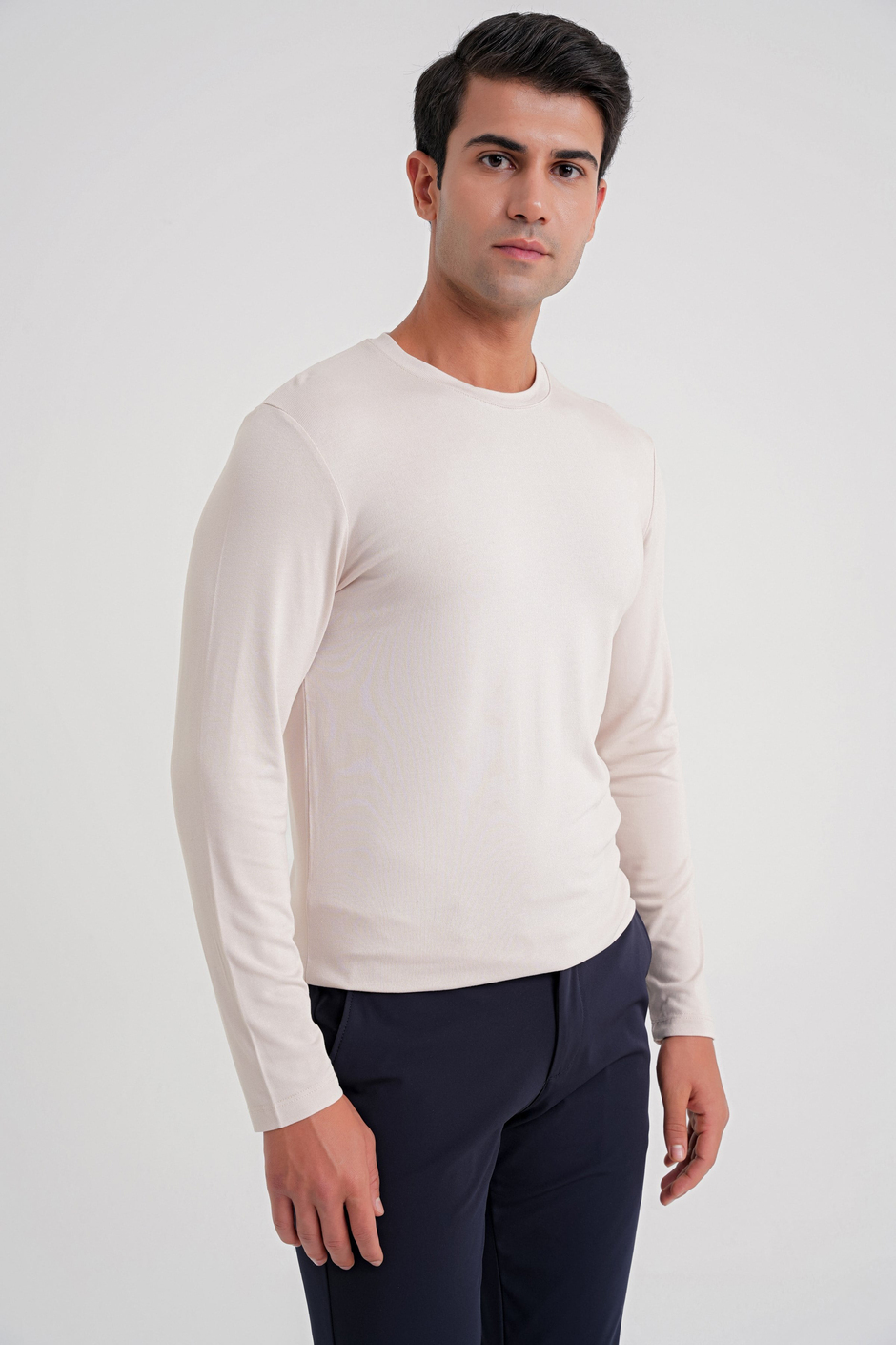 Slim Fit Esnek Pamuklu Uzun Kollu Açık Bej Tişört Ts 870