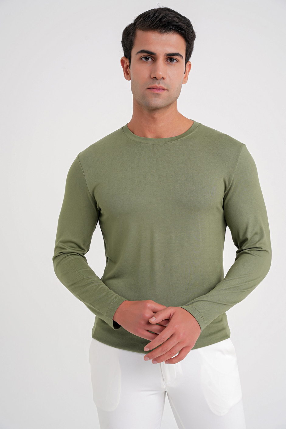 Slim Fit Esnek Pamuklu Uzun Kollu Açık Haki Tişört Ts 870
