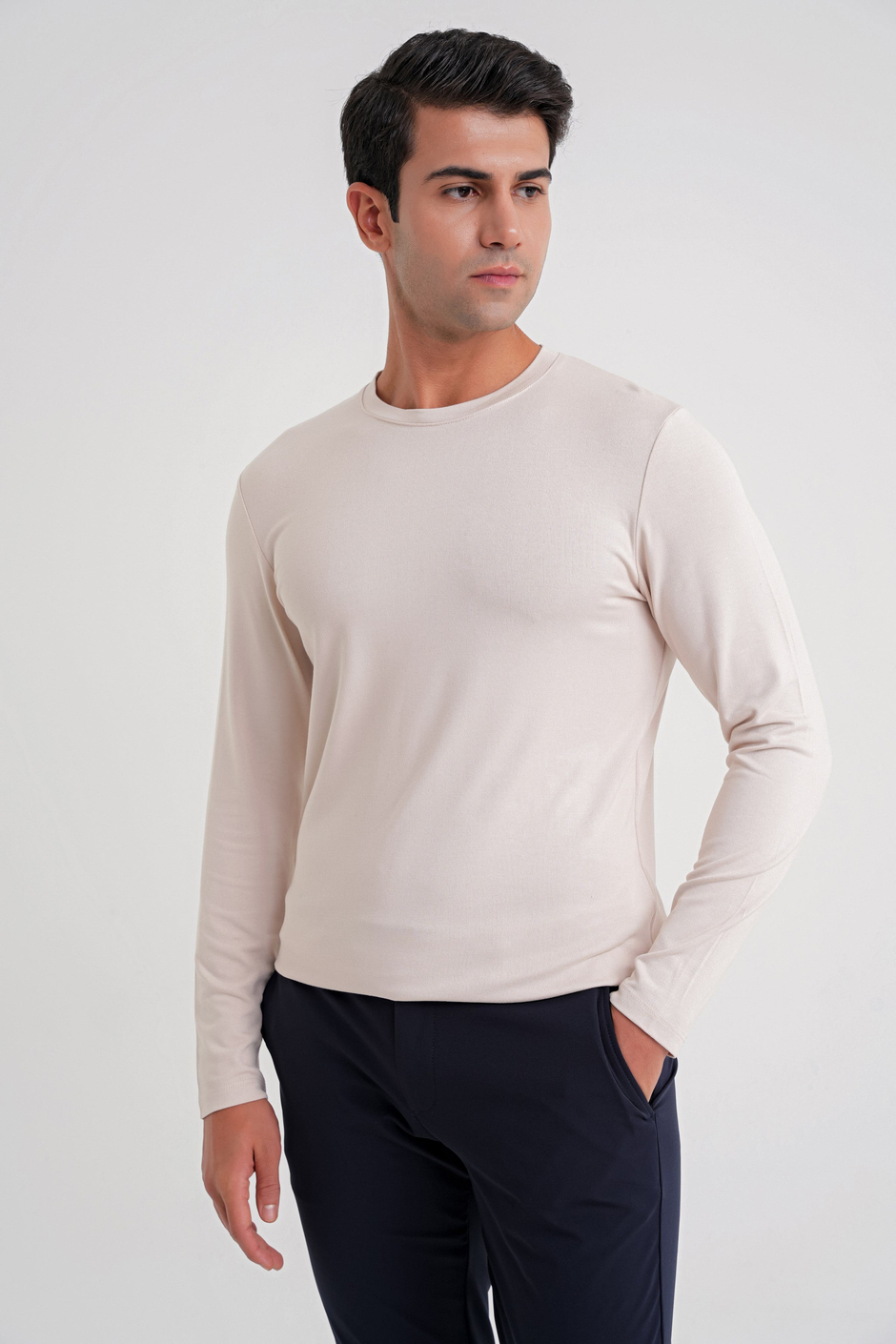 Slim Fit Esnek Pamuklu Uzun Kollu Açık Bej Tişört Ts 870
