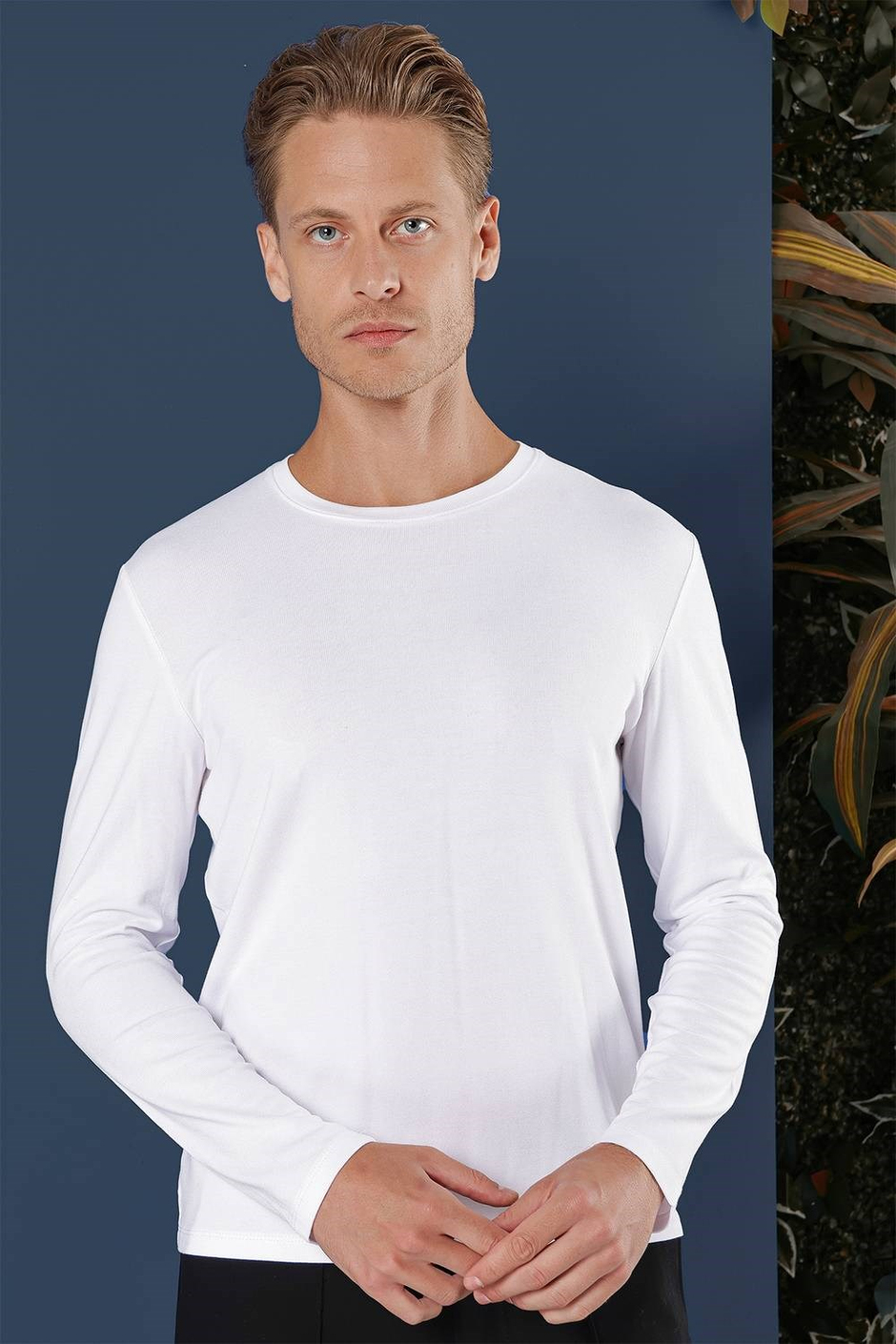 Slim Fit Esnek Pamuklu Uzun Kollu Beyaz Tişört Ts 870