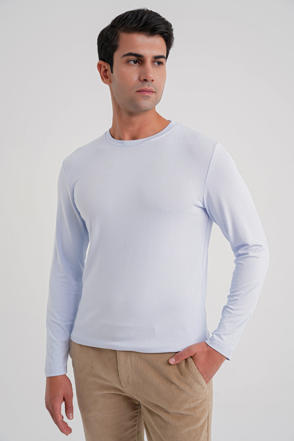 Slim Fit Esnek Pamuklu Uzun Kollu Buz Mavi Tişört Ts 870