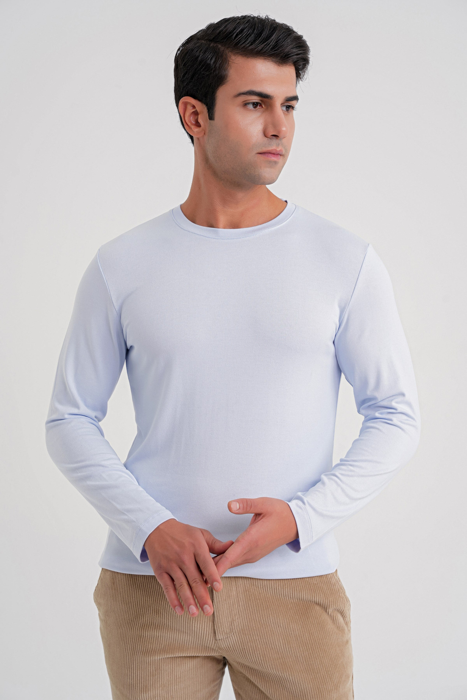 Slim Fit Esnek Pamuklu Uzun Kollu Buz Mavi Tişört Ts 870
