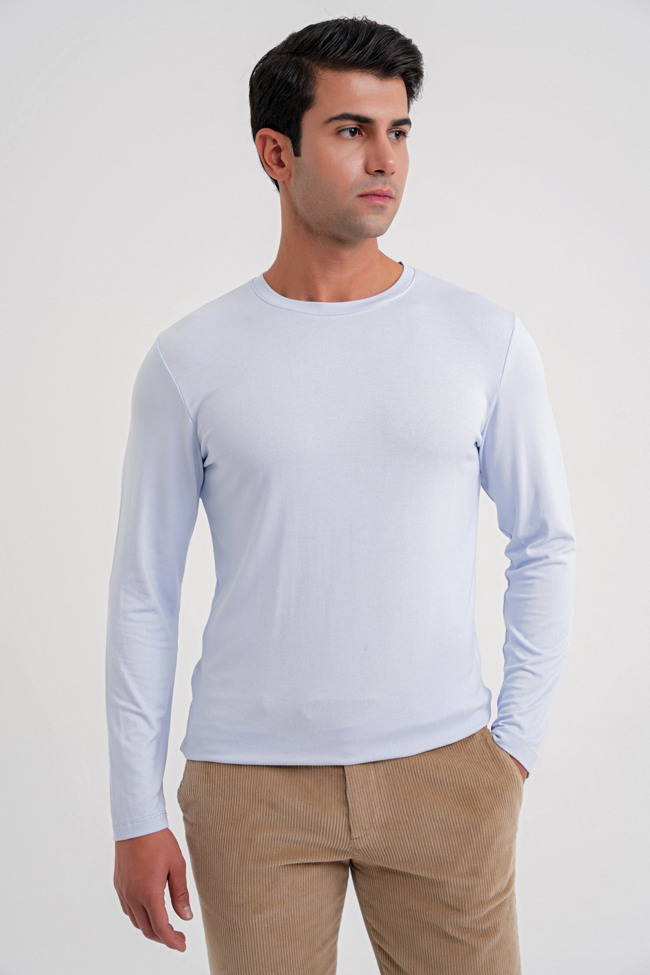 Slim Fit Esnek Pamuklu Uzun Kollu Buz Mavi Tişört Ts 870
