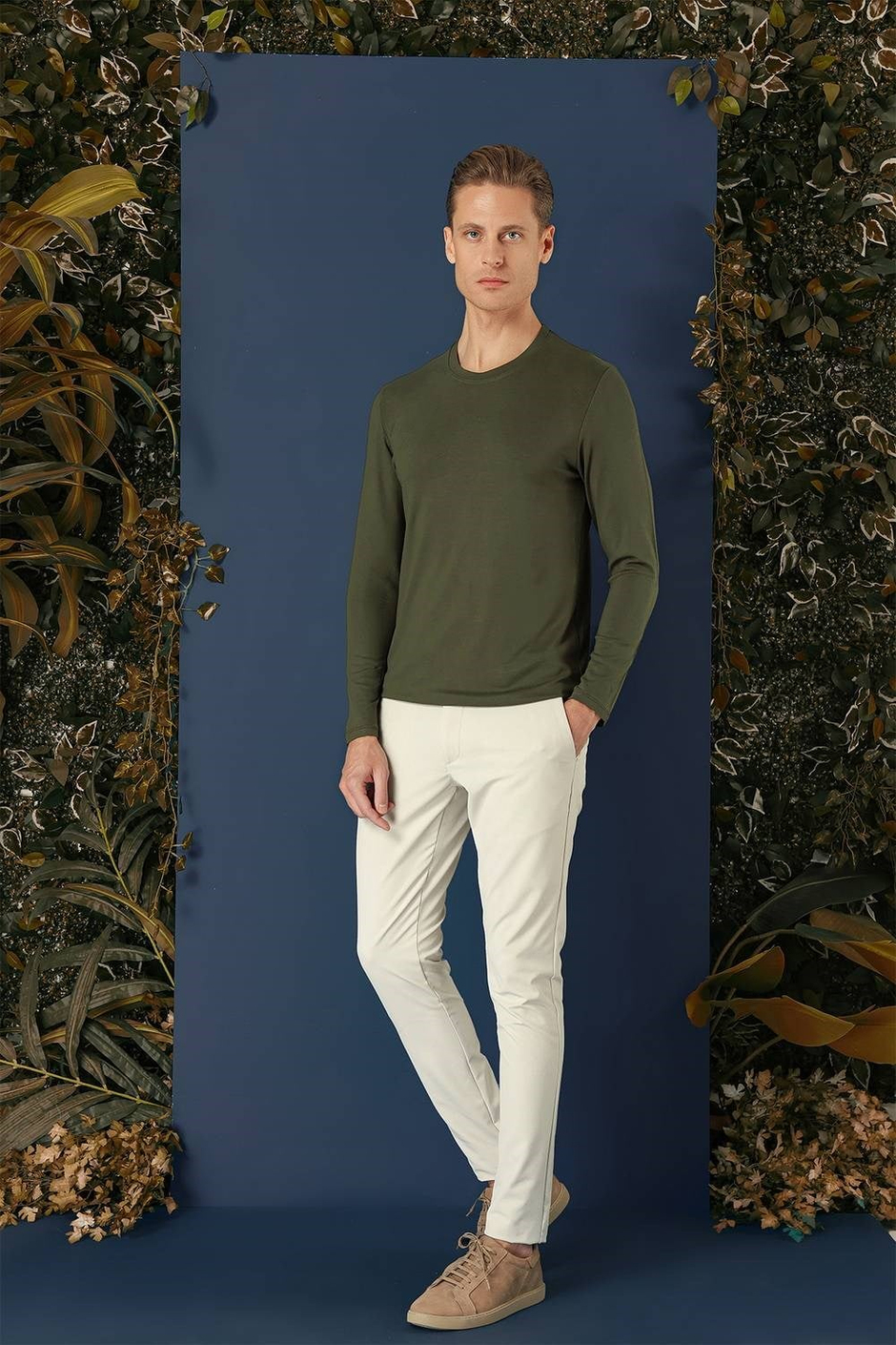 Slim Fit Esnek Pamuklu Uzun Kollu Haki Tişört Ts 870