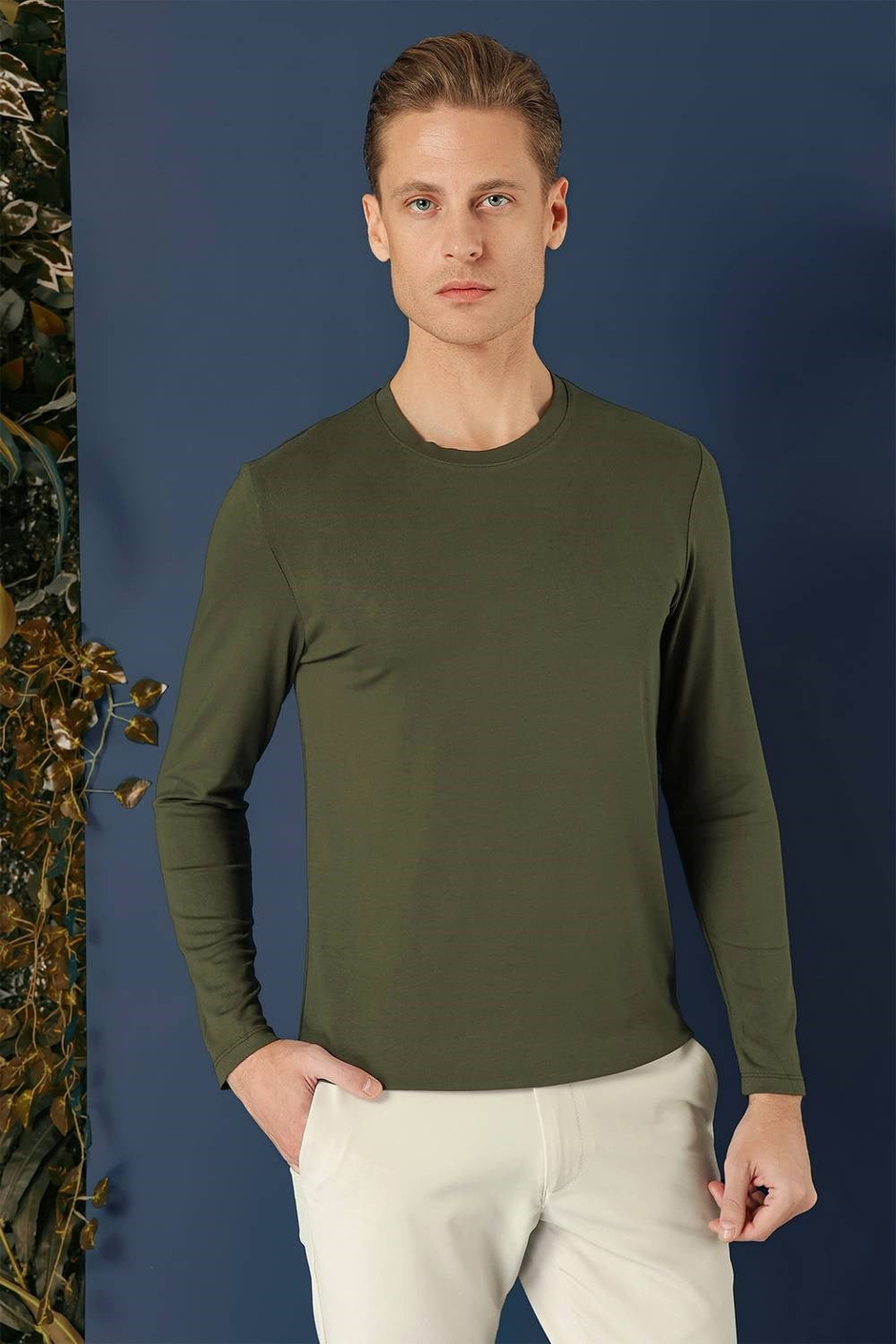 Slim Fit Esnek Pamuklu Uzun Kollu Haki Tişört Ts 870