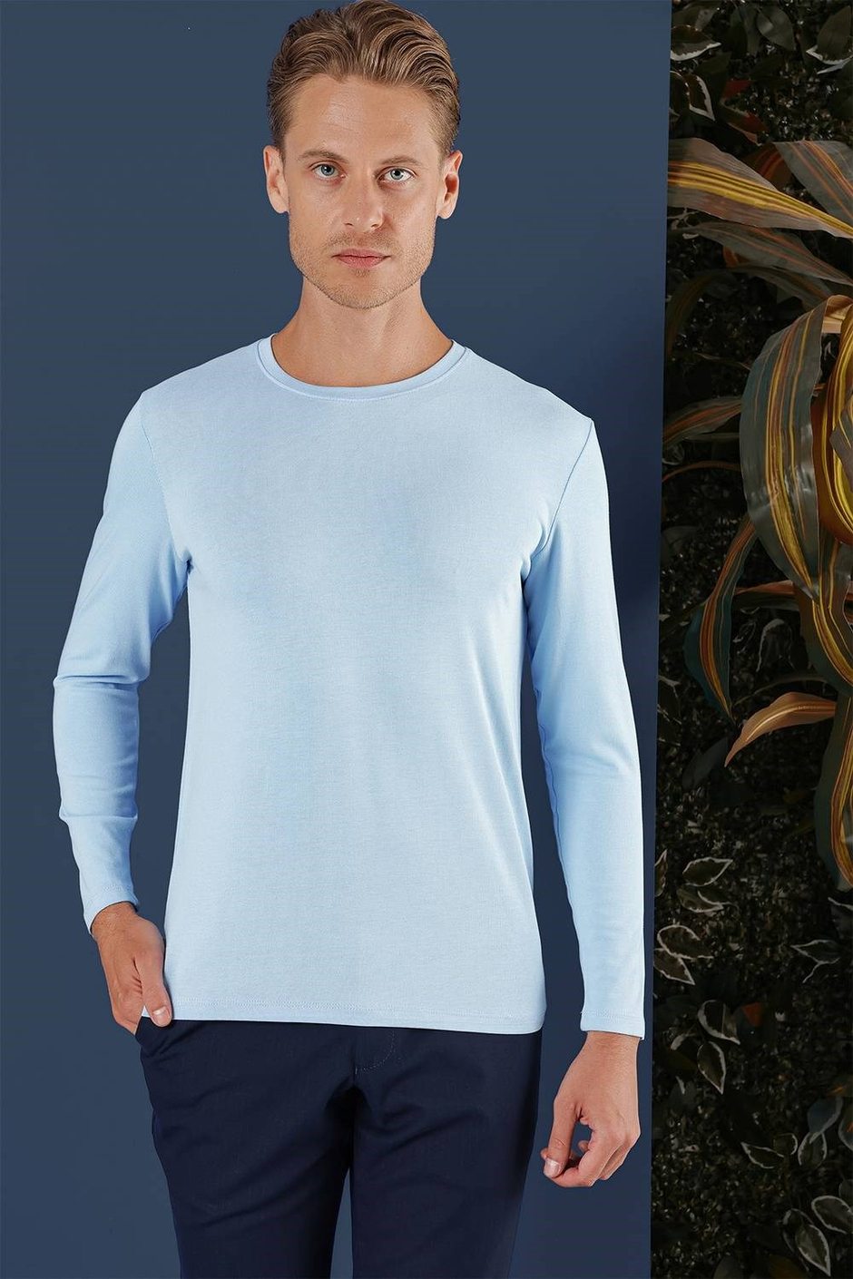 Slim Fit Esnek Pamuklu Uzun Kollu Mavi Tişört Ts 870