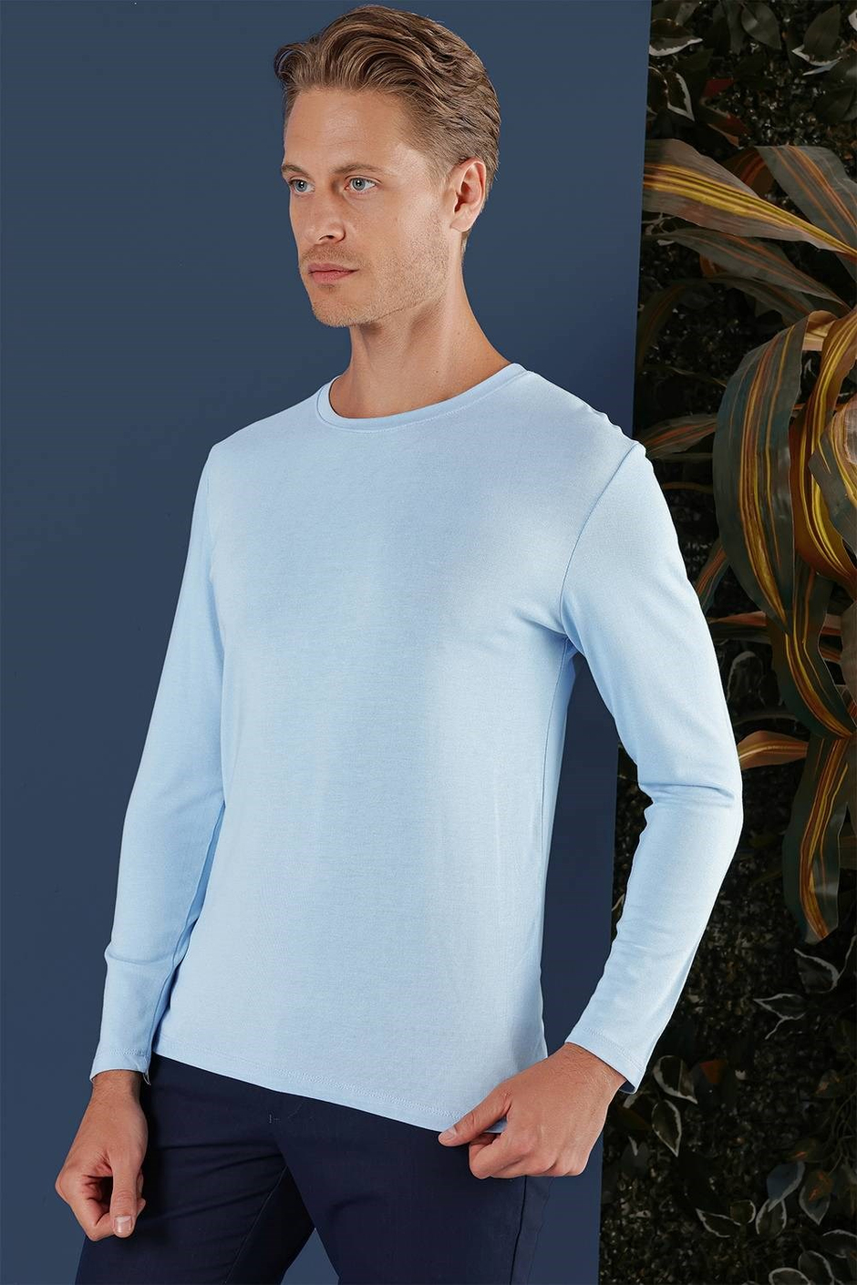 Slim Fit Esnek Pamuklu Uzun Kollu Mavi Tişört Ts 870