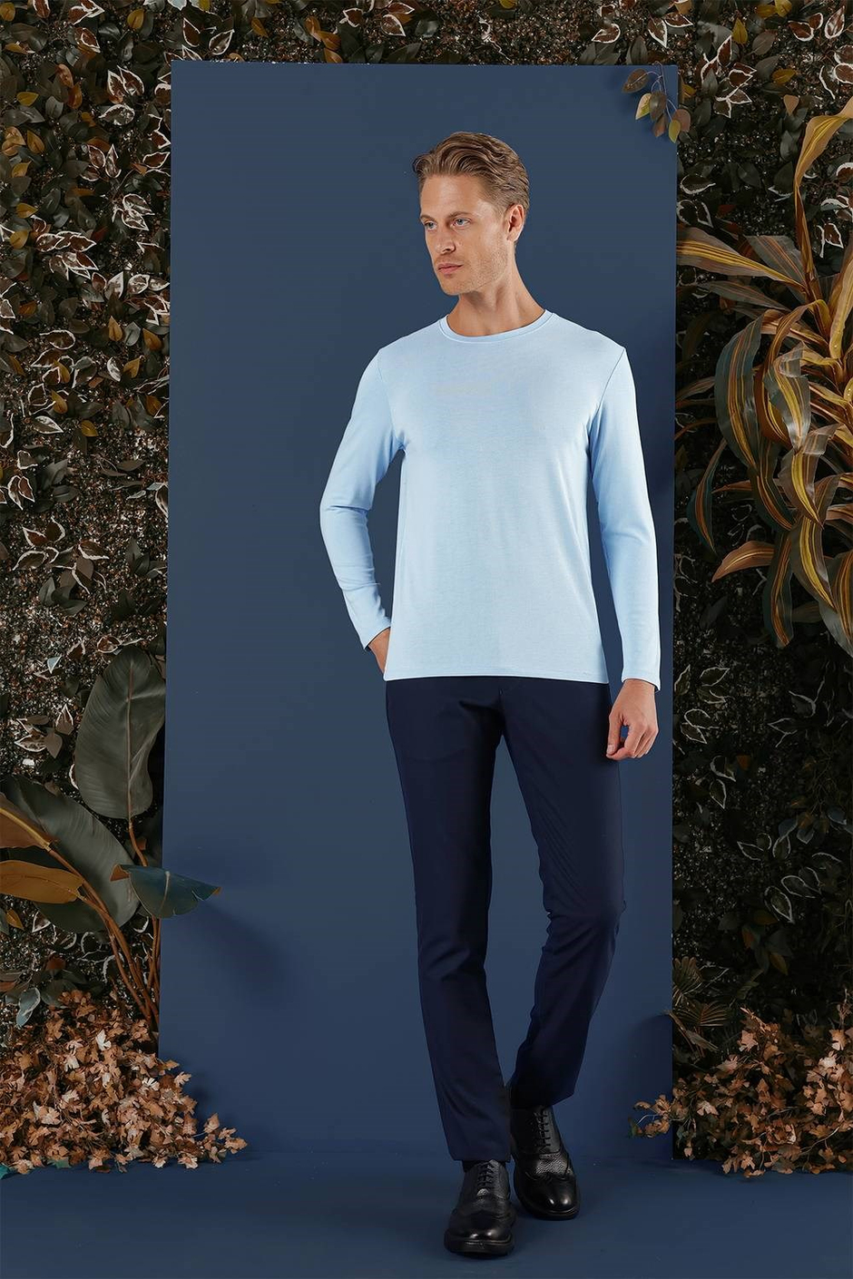 Slim Fit Esnek Pamuklu Uzun Kollu Mavi Tişört Ts 870