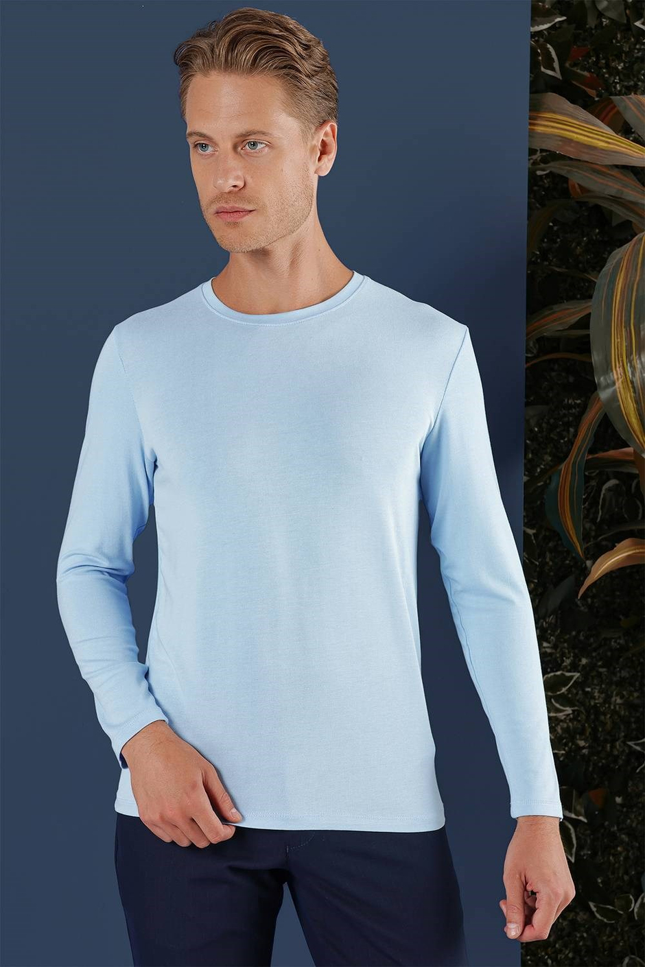 Slim Fit Esnek Pamuklu Uzun Kollu Mavi Tişört Ts 870