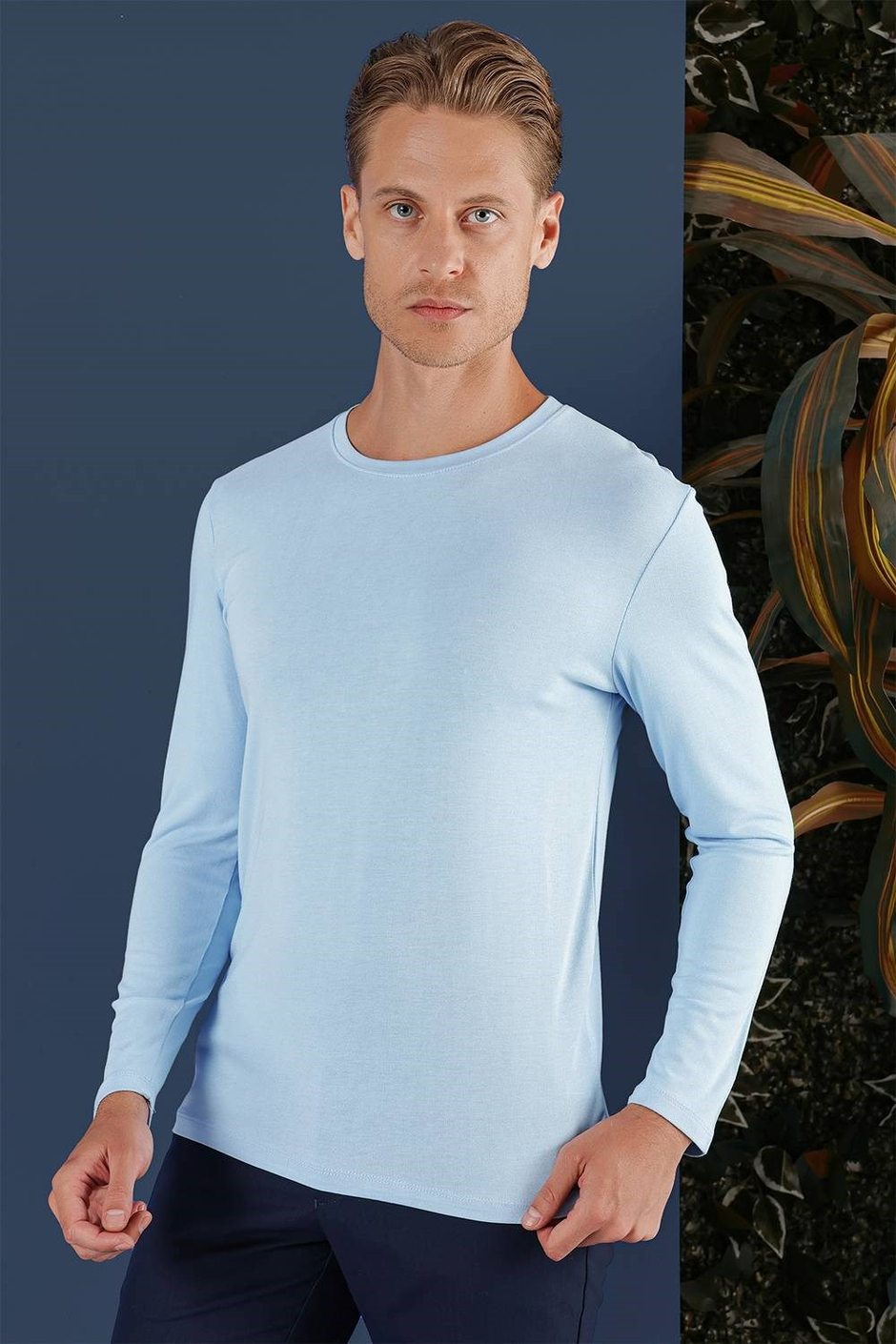 Slim Fit Esnek Pamuklu Uzun Kollu Mavi Tişört Ts 870