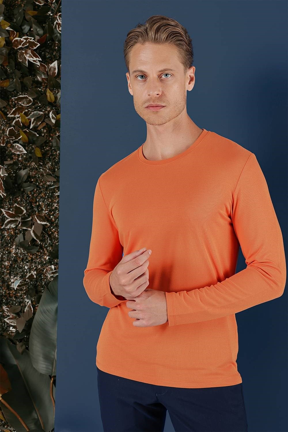 Slim Fit Esnek Pamuklu Uzun Kollu Oranj Tişört Ts 870