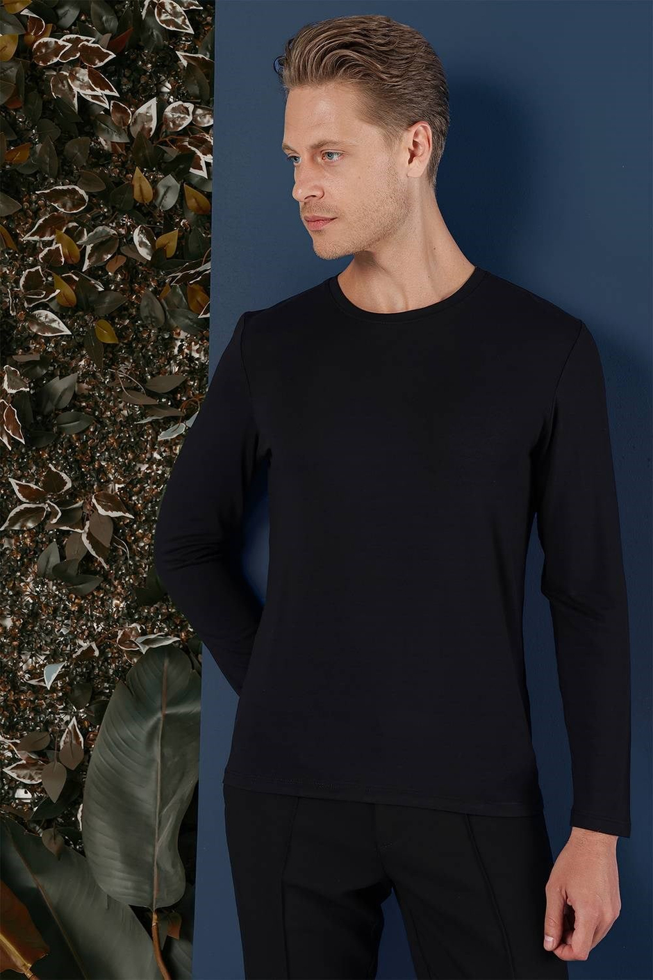 Slim Fit Esnek Pamuklu Uzun Kollu Siyah Tişört Ts 870