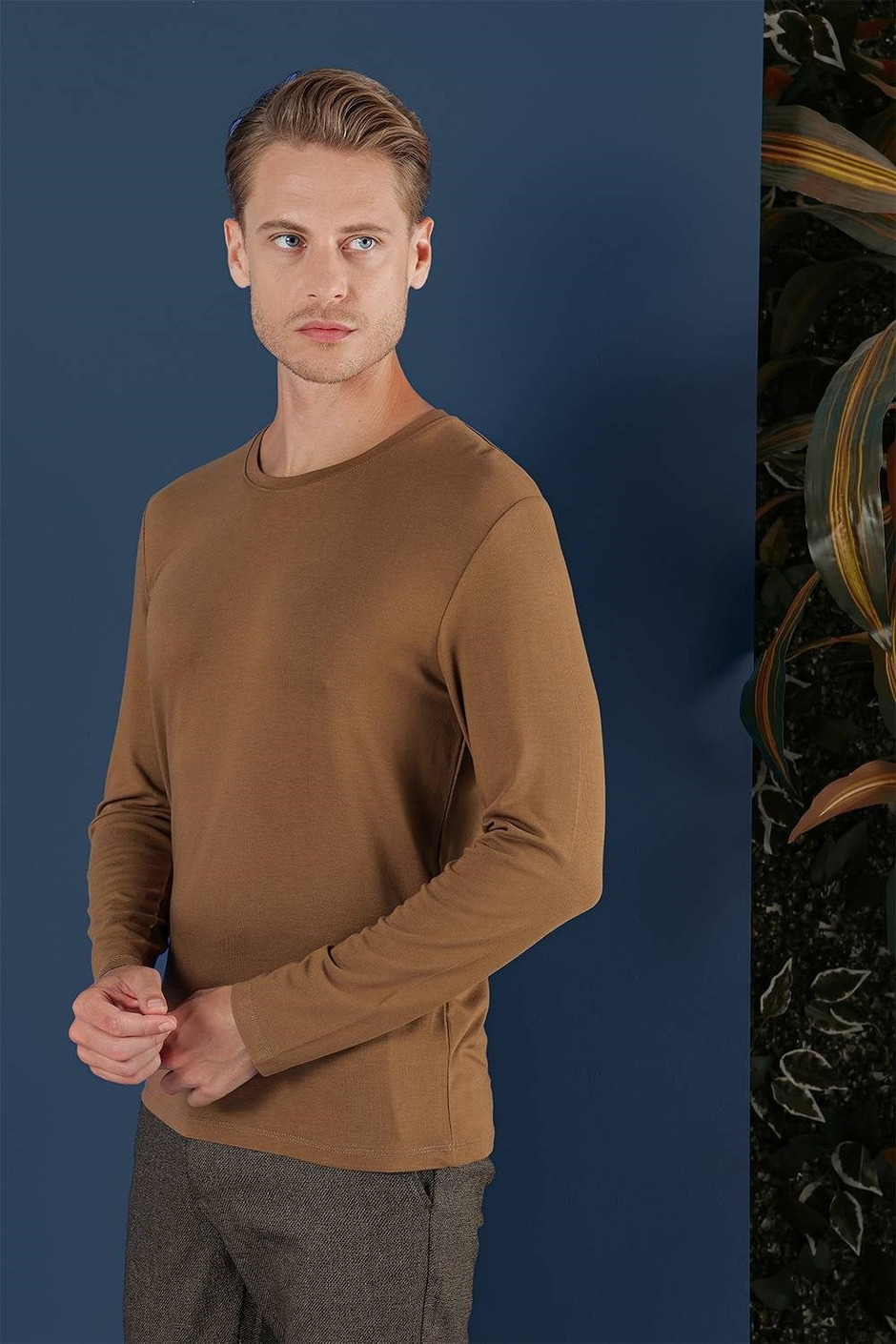 Slim Fit Esnek Pamuklu Uzun Kollu Tarçın Tişört Ts 870