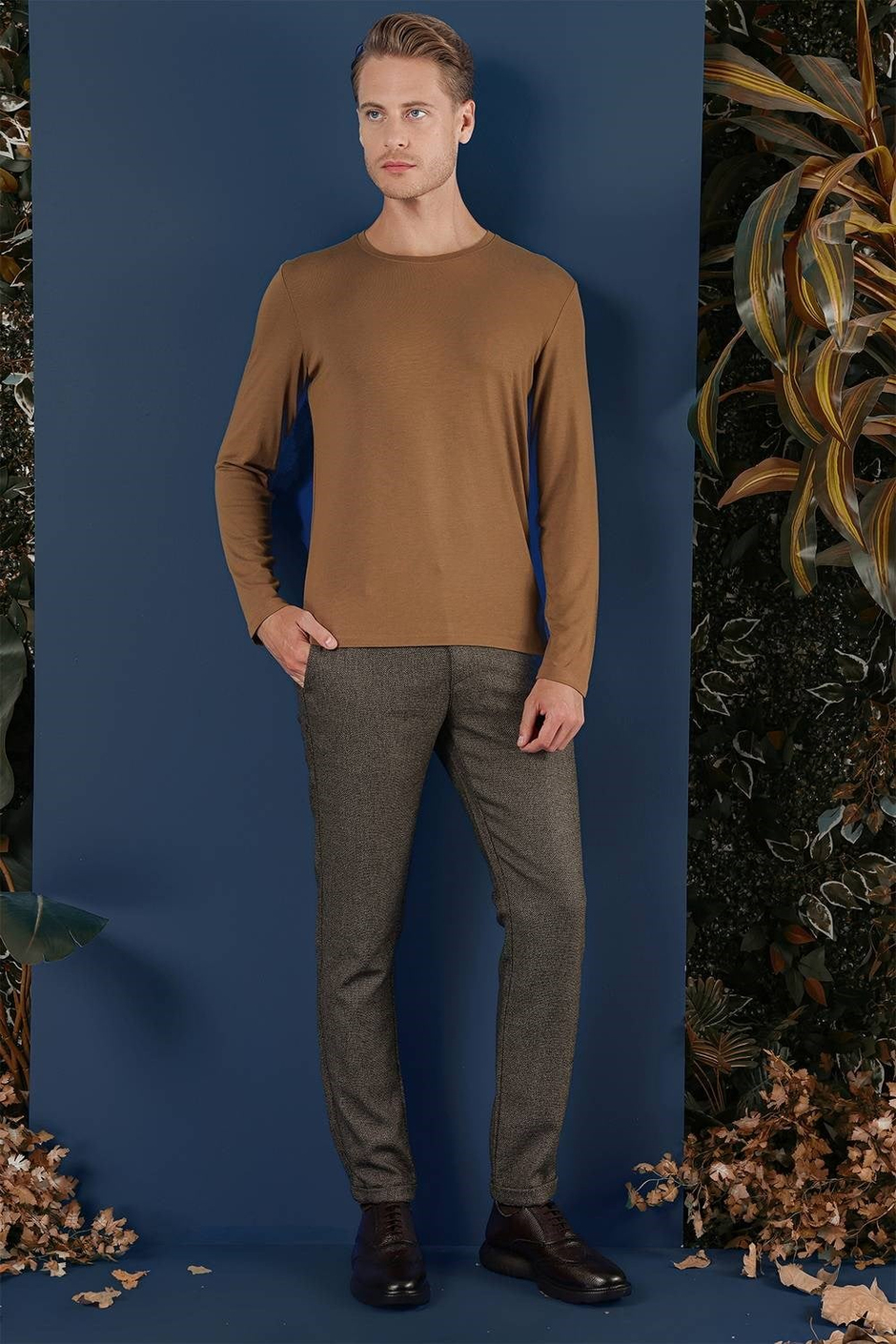 Slim Fit Esnek Pamuklu Uzun Kollu Tarçın Tişört Ts 870