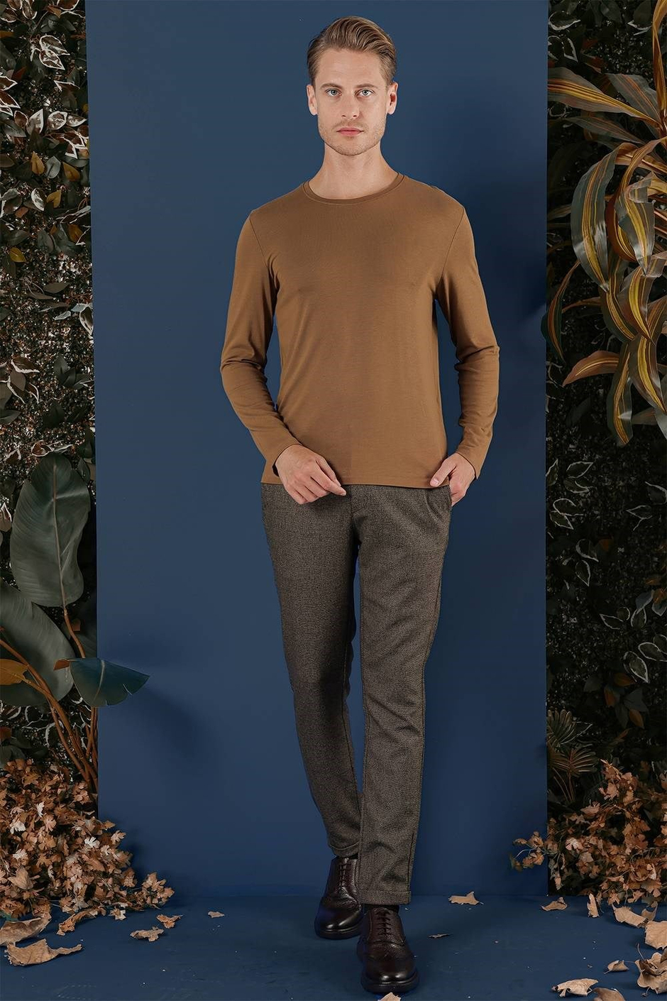 Slim Fit Esnek Pamuklu Uzun Kollu Tarçın Tişört Ts 870