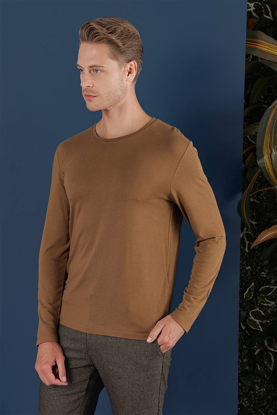 Slim Fit Esnek Pamuklu Uzun Kollu Tarçın Tişört Ts 870