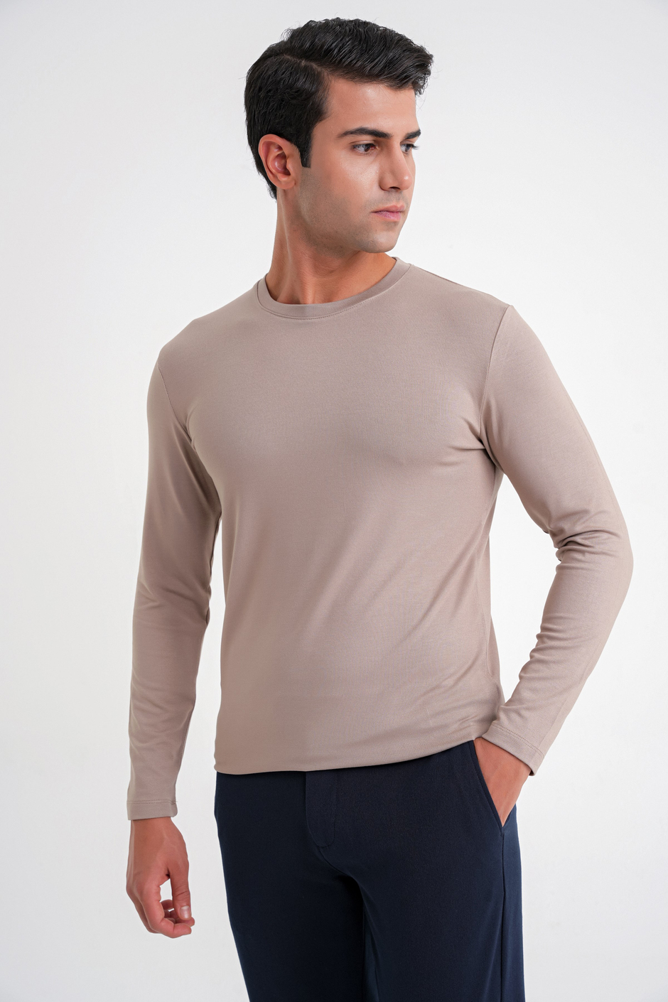 Slim Fit Esnek Pamuklu Uzun Kollu Vizon Tişört Ts 870
