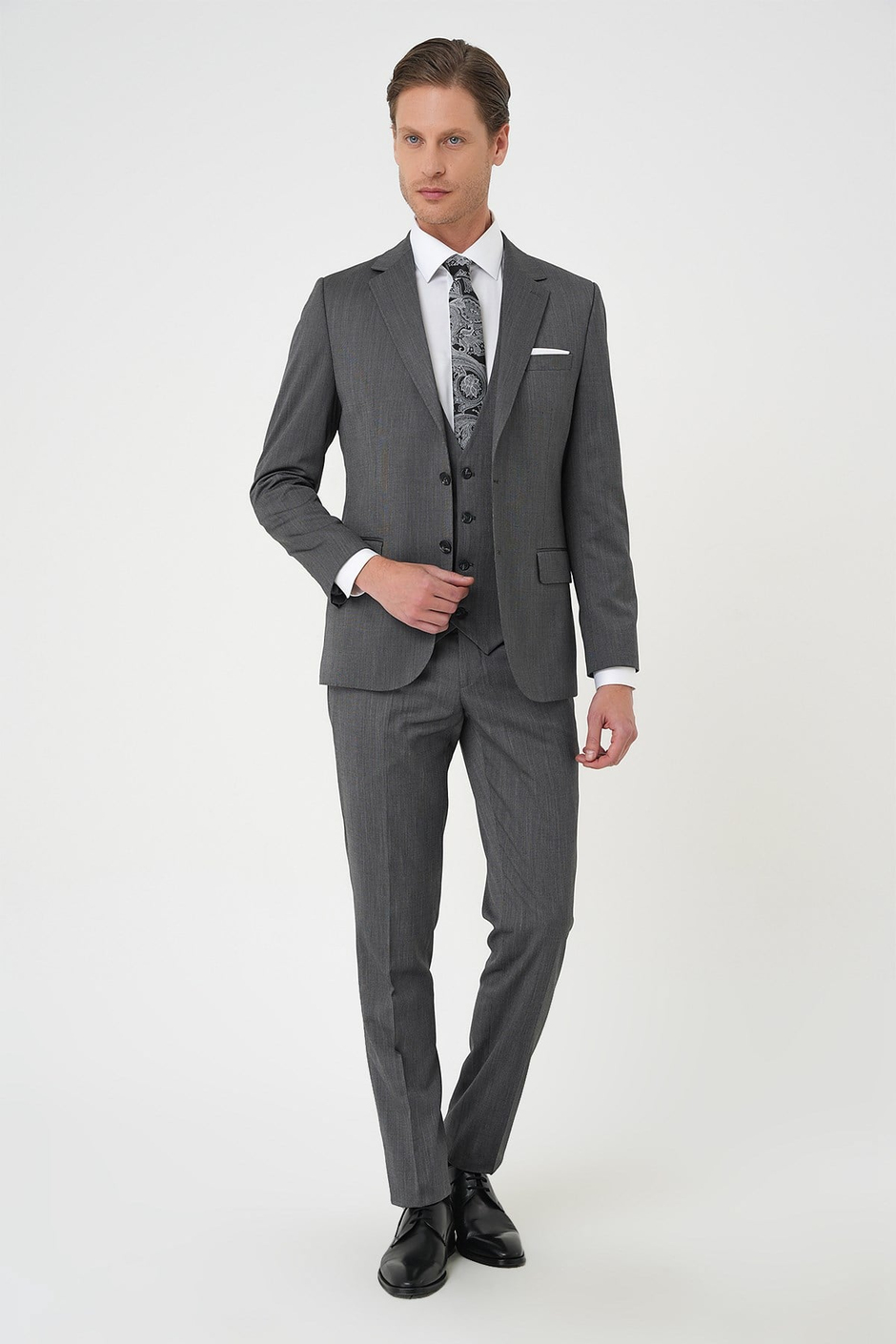 Slim Fit Esnek Yelekli Klasik Füme Takım Elbise Tk 897