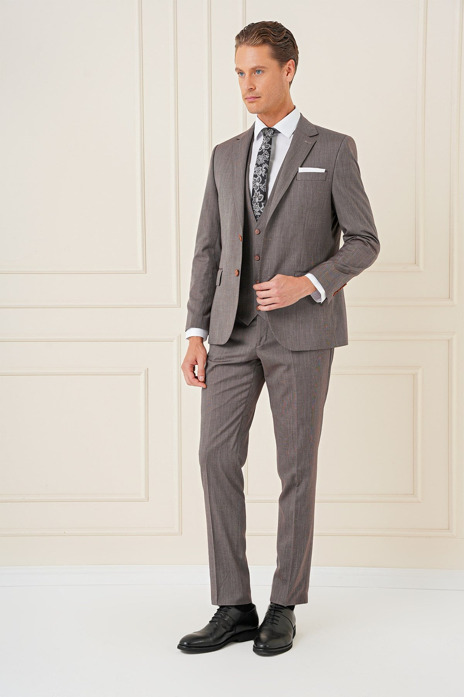 Slim Fit Esnek Yelekli Klasik Vizon Takım Elbise Tk 897