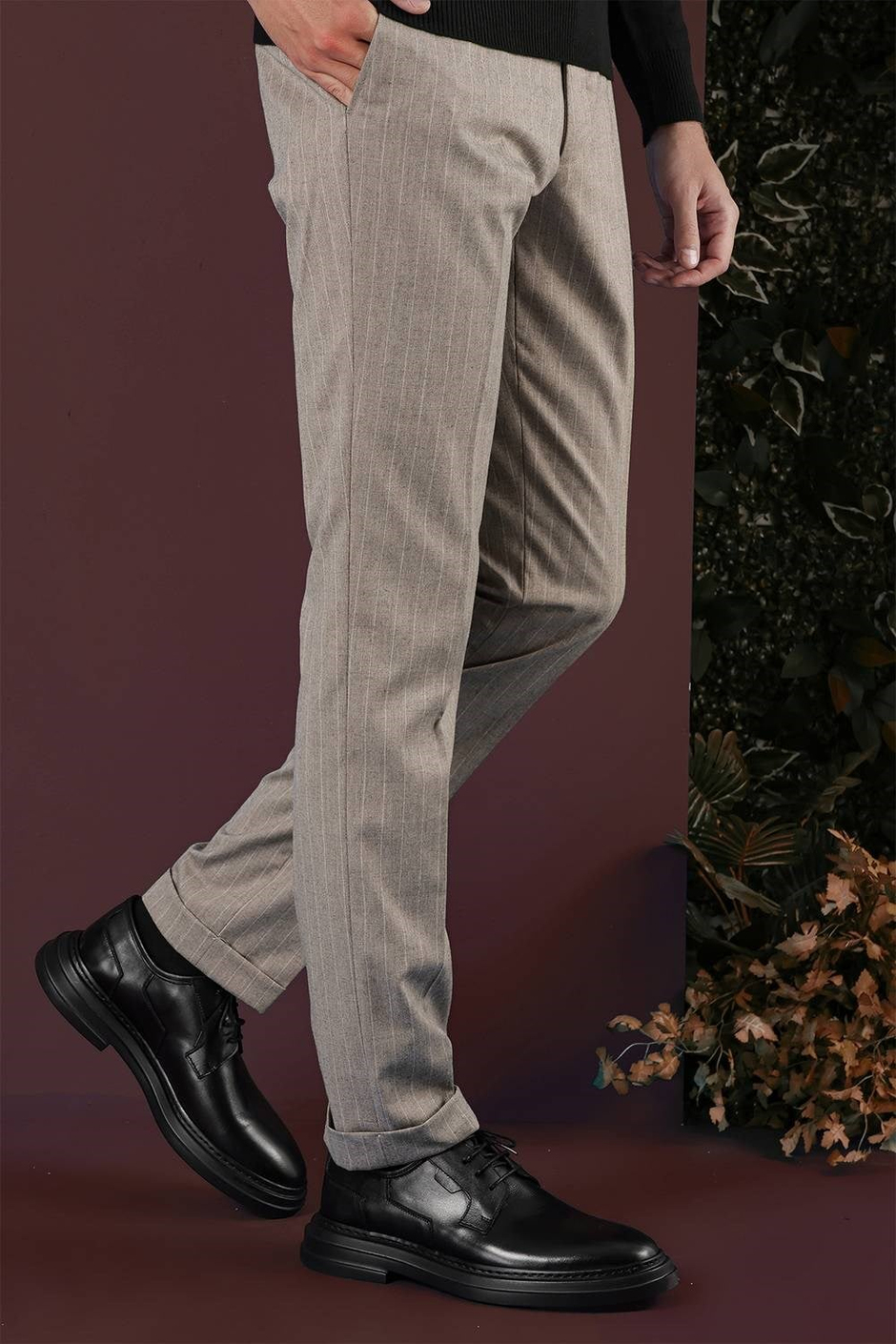 Slim Fit Esnek Yünlü Çizgili Bej Kumaş Pantolon P 1134