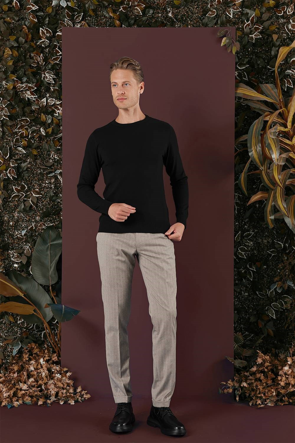 Slim Fit Esnek Yünlü Çizgili Bej Kumaş Pantolon P 1134