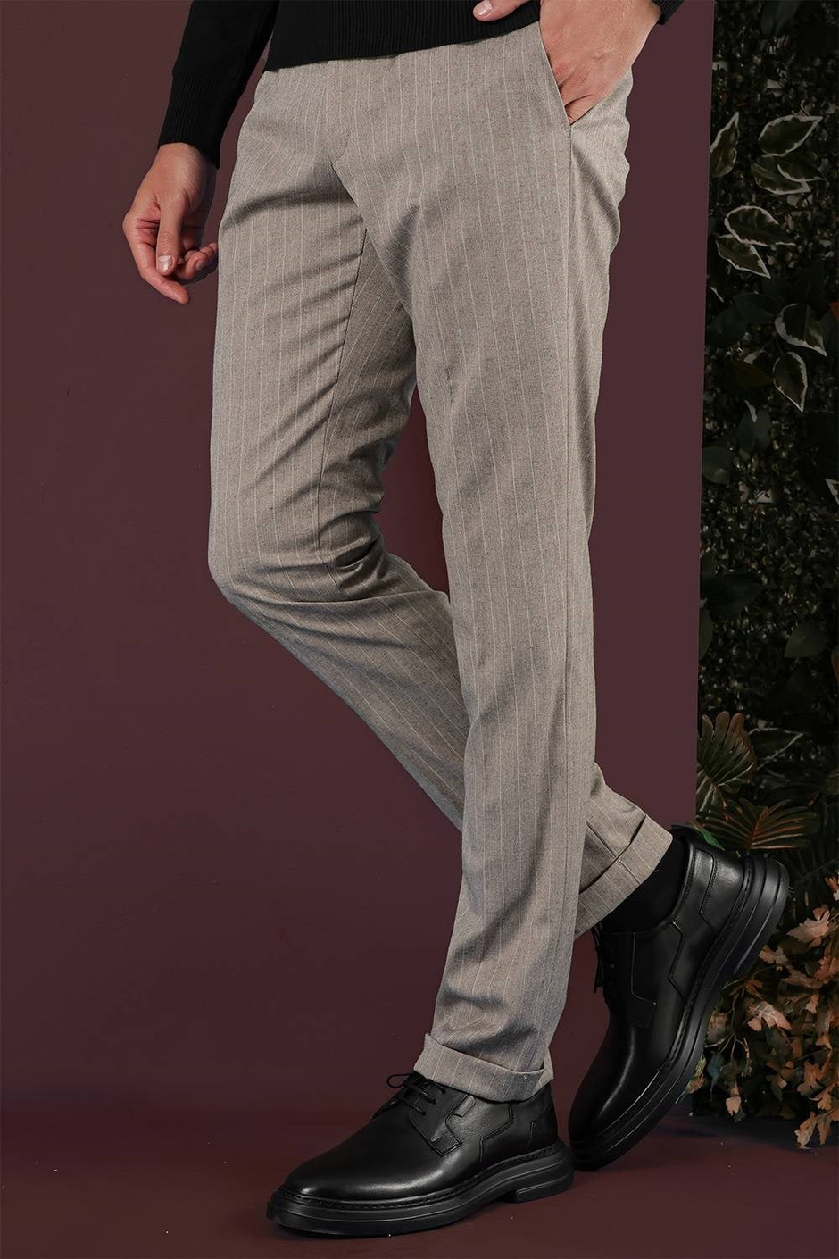 Slim Fit Esnek Yünlü Çizgili Bej Kumaş Pantolon P 1134