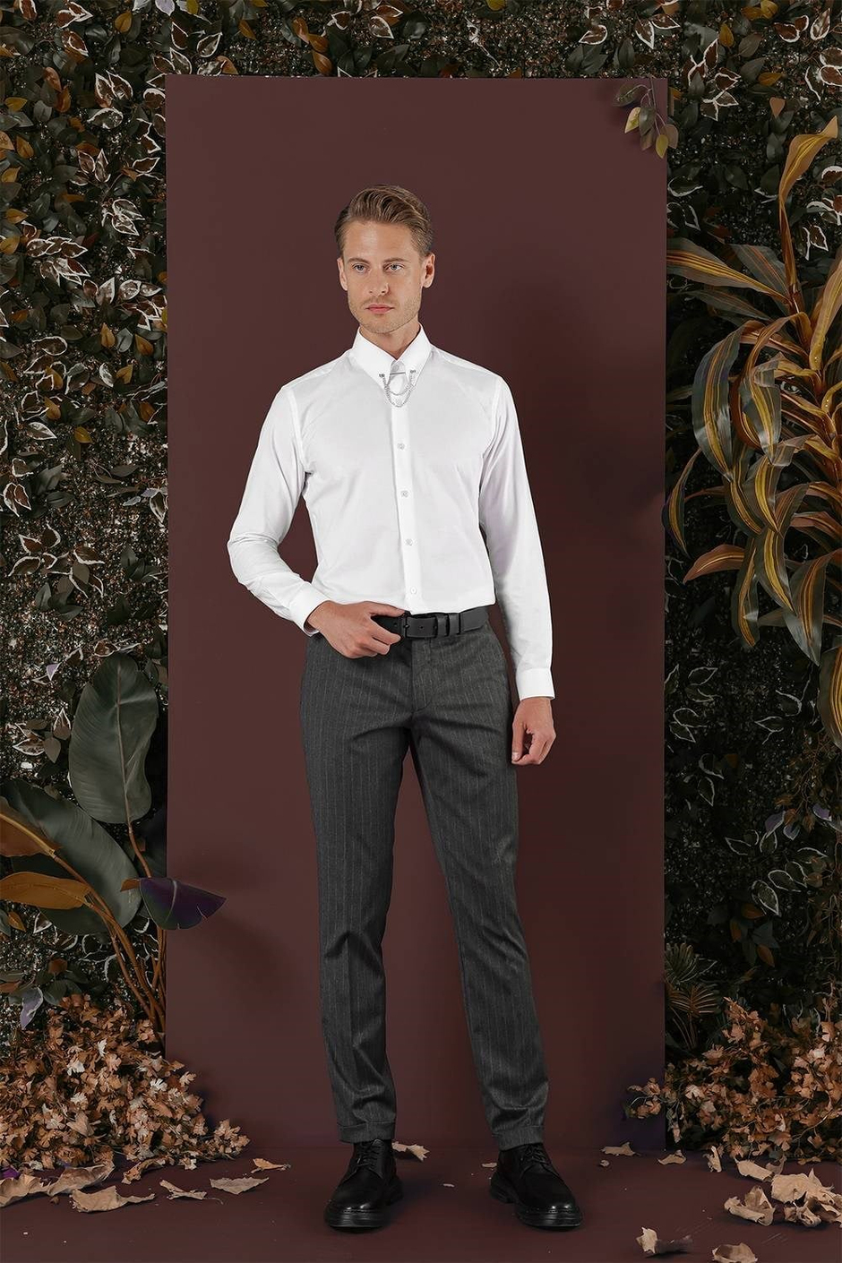 Slim Fit Esnek Yünlü Çizgili Füme Kumaş Pantolon P 1134