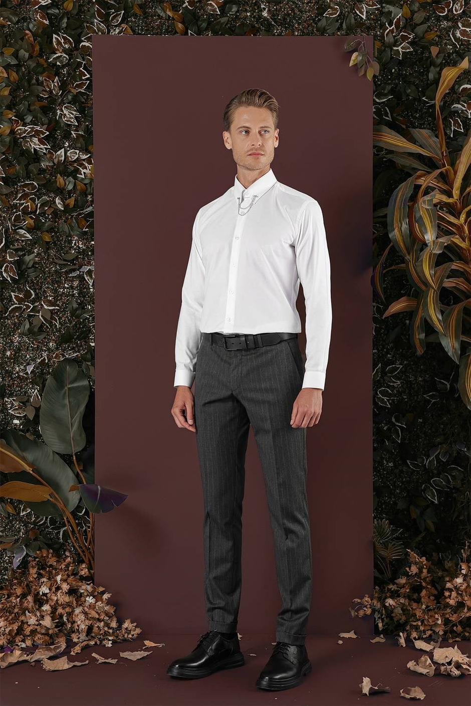 Slim Fit Esnek Yünlü Çizgili Füme Kumaş Pantolon P 1134