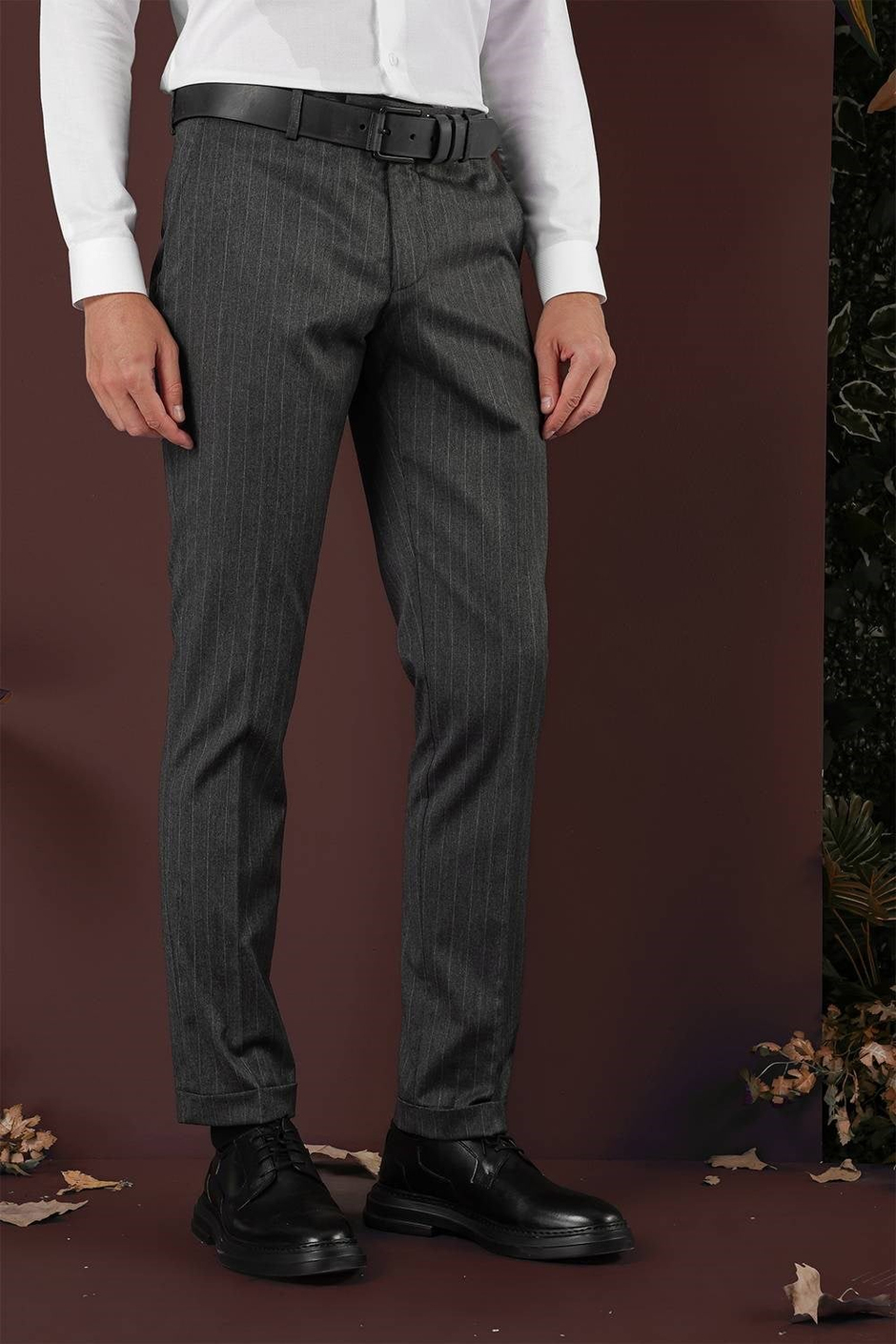 Slim Fit Esnek Yünlü Çizgili Füme Kumaş Pantolon P 1134